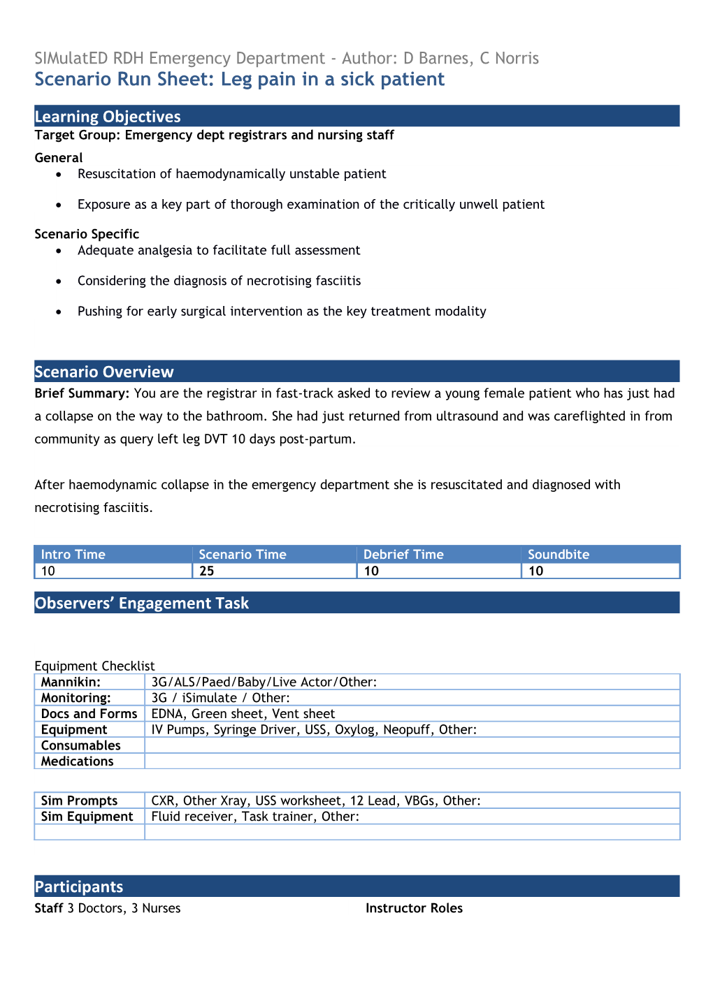 Scenario Run Sheet: Leg Pain in a Sick Patient