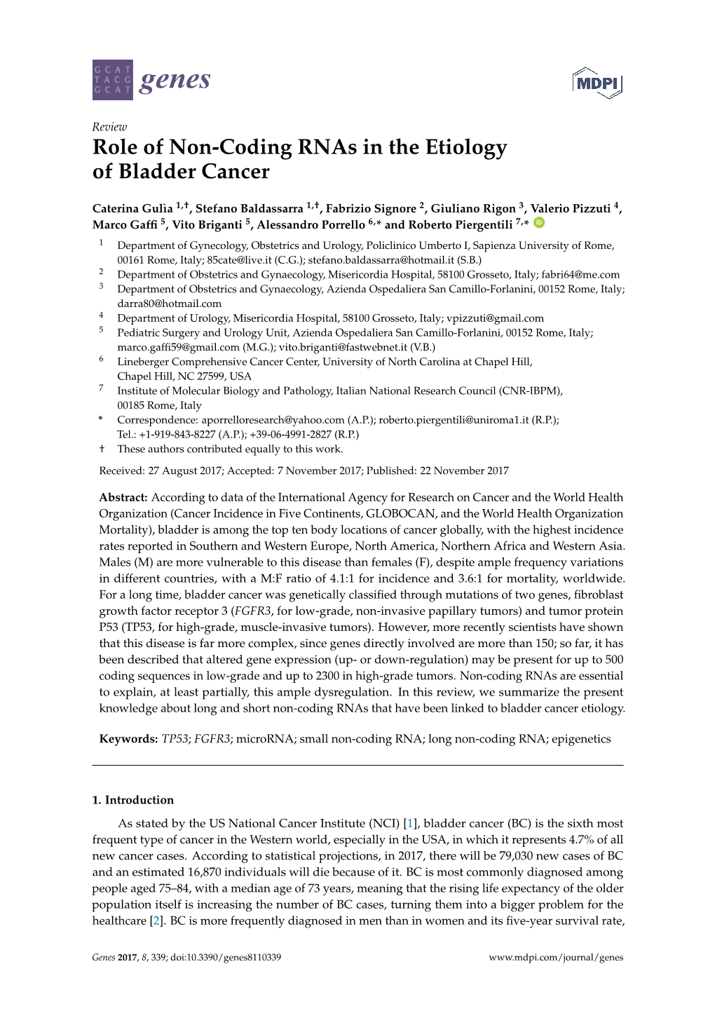 Role of Non-Coding Rnas in the Etiology of Bladder Cancer