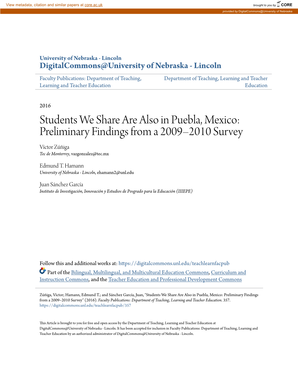 Students We Share Are Also in Puebla, Mexico: Preliminary Findings from a 2009Â•Fi2010 Survey