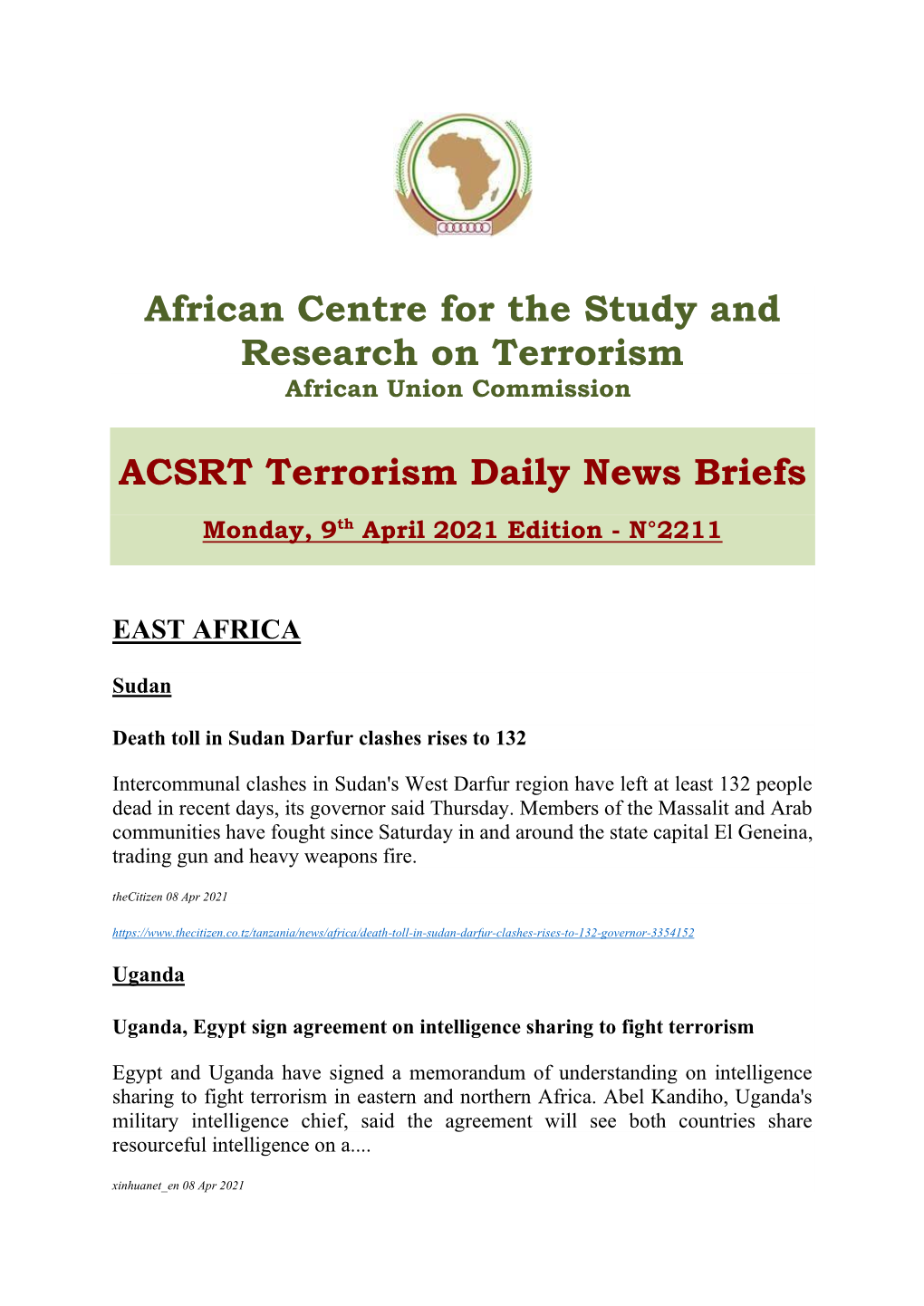 ACSRT Terrorism Daily News Briefs