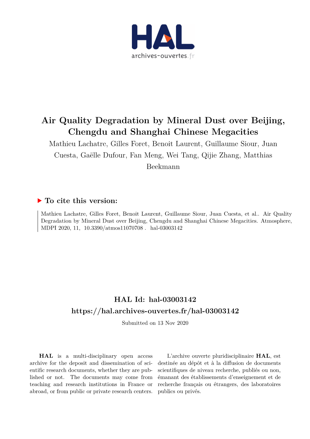 Air Quality Degradation by Mineral Dust Over Beijing, Chengdu And