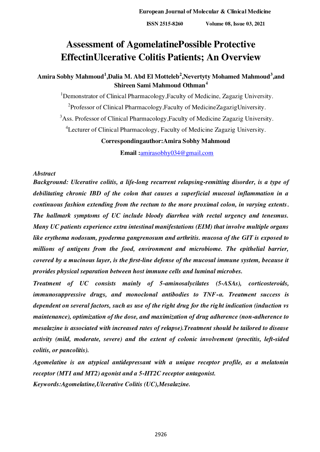 Assessment of Agomelatinepossible Protective Effectinulcerative Colitis Patients; an Overview