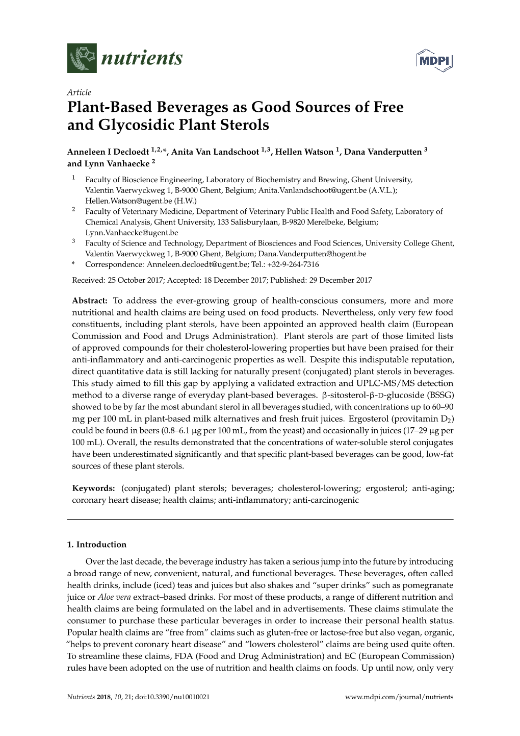 Plant-Based Beverages As Good Sources of Free and Glycosidic Plant Sterols