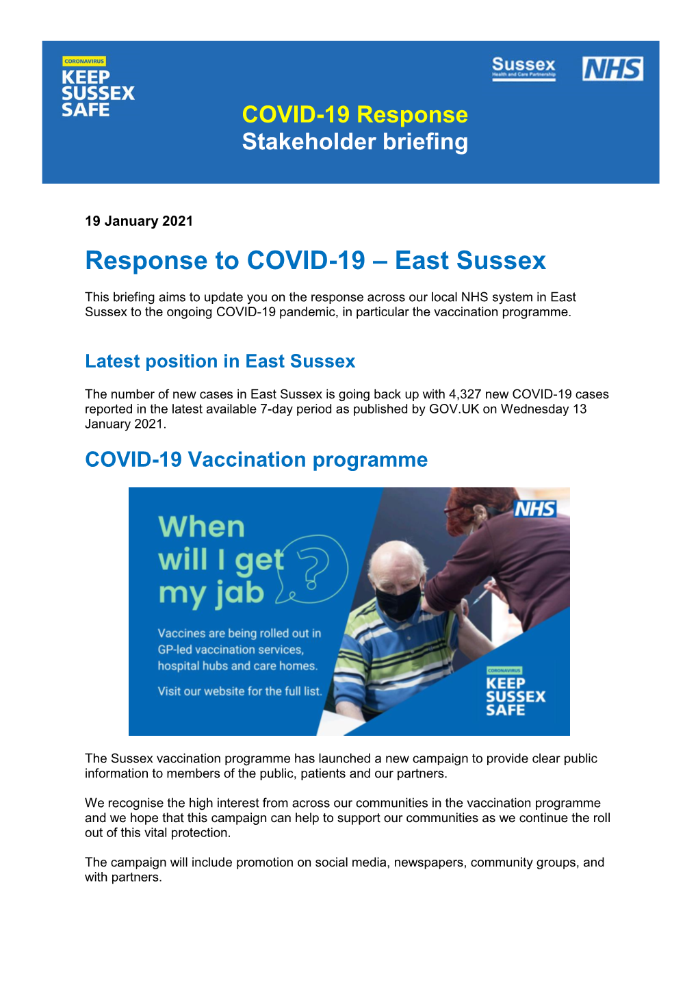 East Sussex COVID-19 Vaccination Stakeholder Briefing 19 January 2021