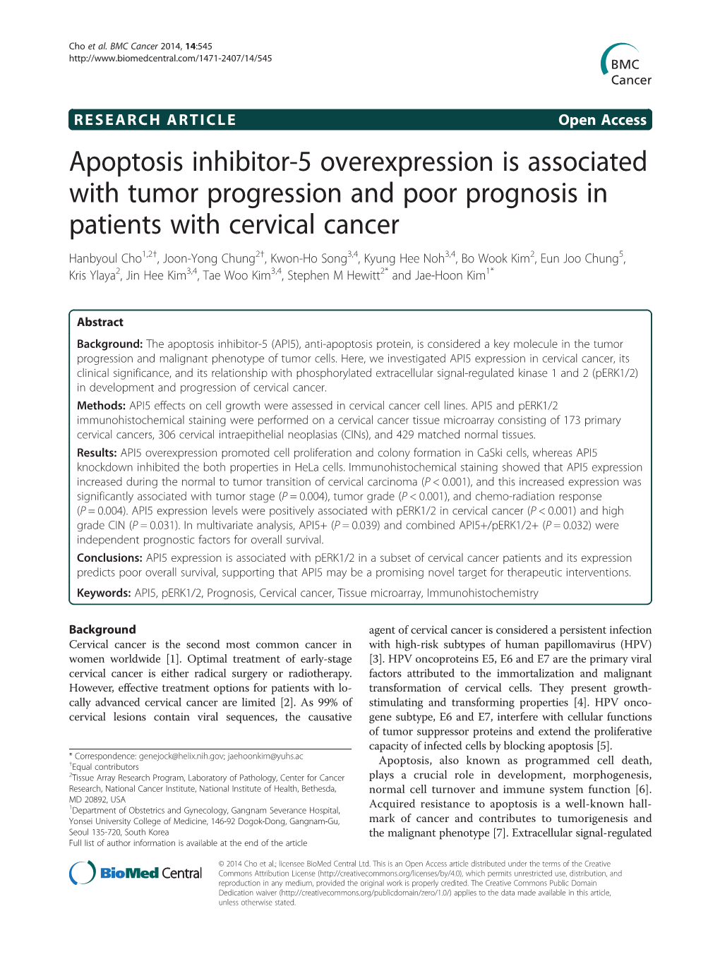 Apoptosis Inhibitor-5 Overexpression Is Associated with Tumor