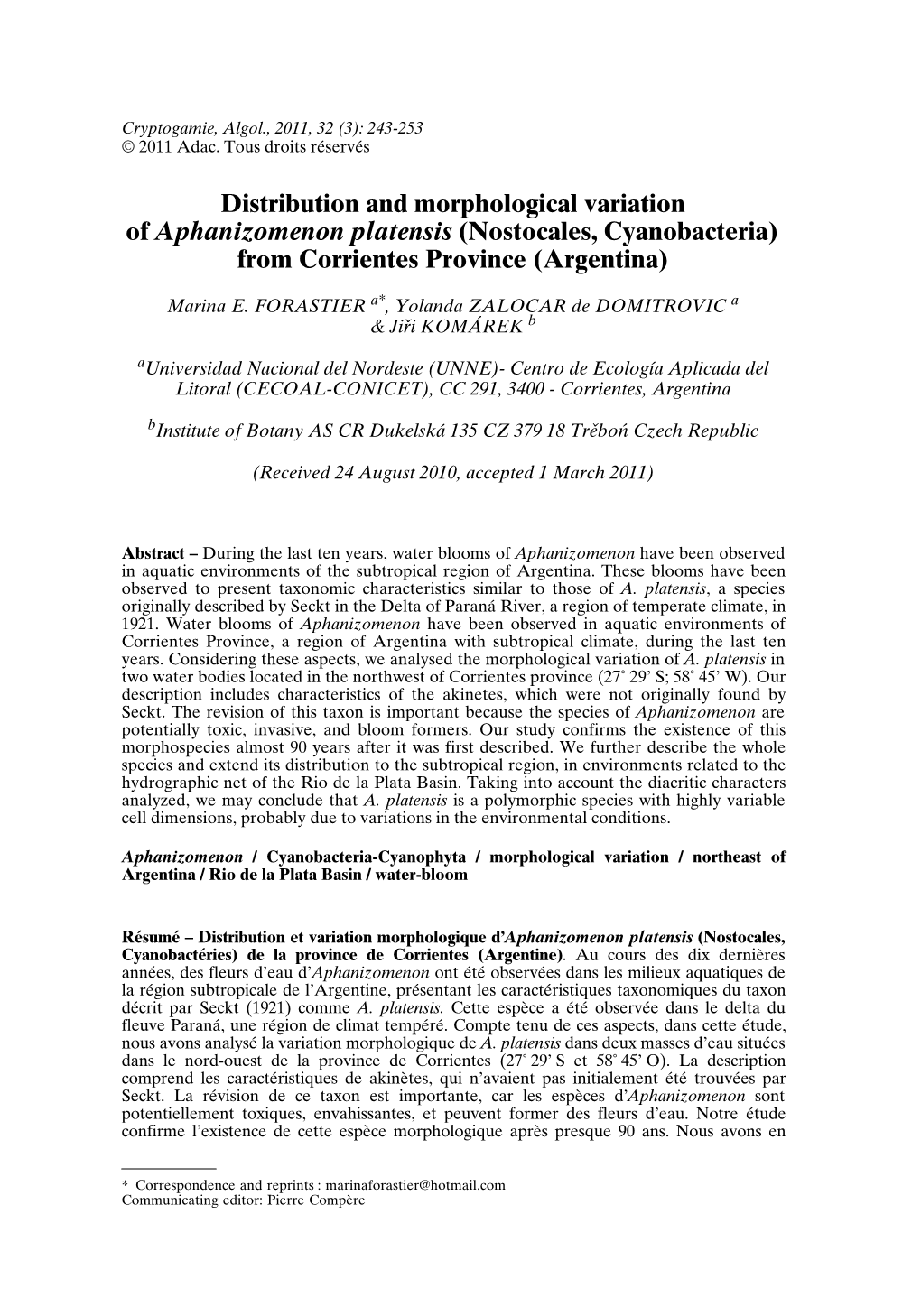 Distribution and Morphological Variation of Aphanizomenon Platensis (Nostocales, Cyanobacteria) from Corrientes Province (Argentina)