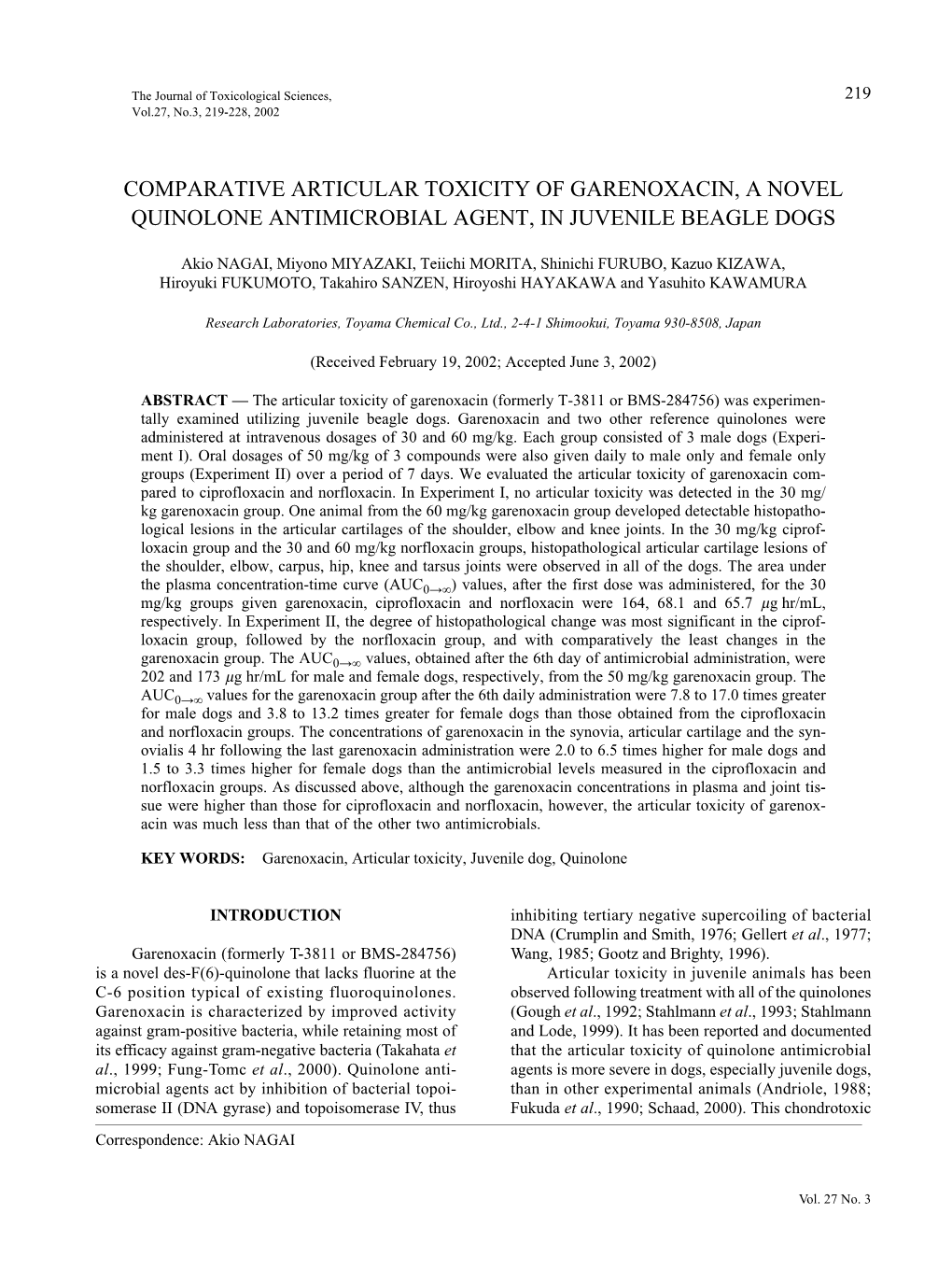 Comparative Articular Toxicity of Garenoxacin, a Novel Quinolone Antimicrobial Agent, in Juvenile Beagle Dogs