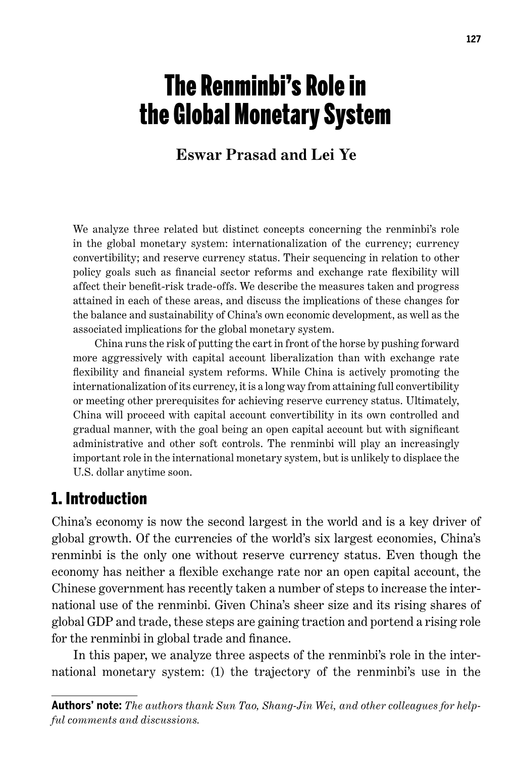 The Renminbi's Role in the Global Monetary System