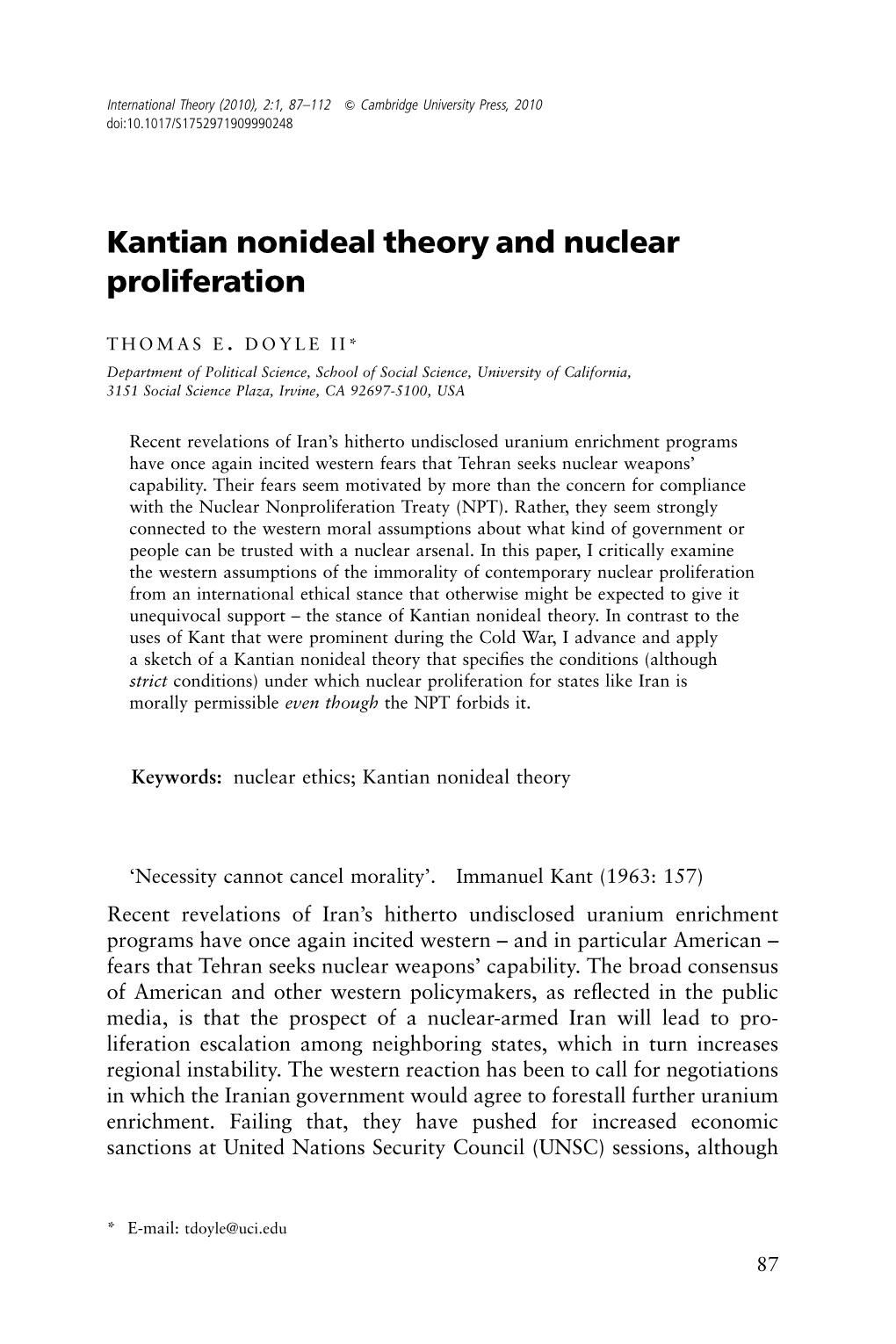 Kantian Nonideal Theory and Nuclear Proliferation