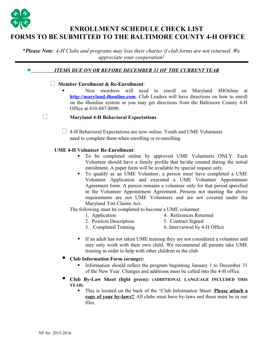 Forms to Be Submitted to the Baltimore County 4-H Office