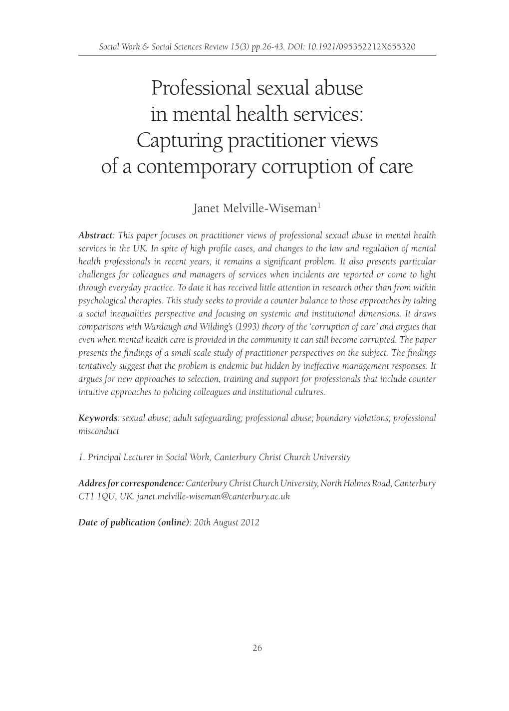 Professional Sexual Abuse in Mental Health Services: Capturing Practitioner Views of a Contemporary Corruption of Care