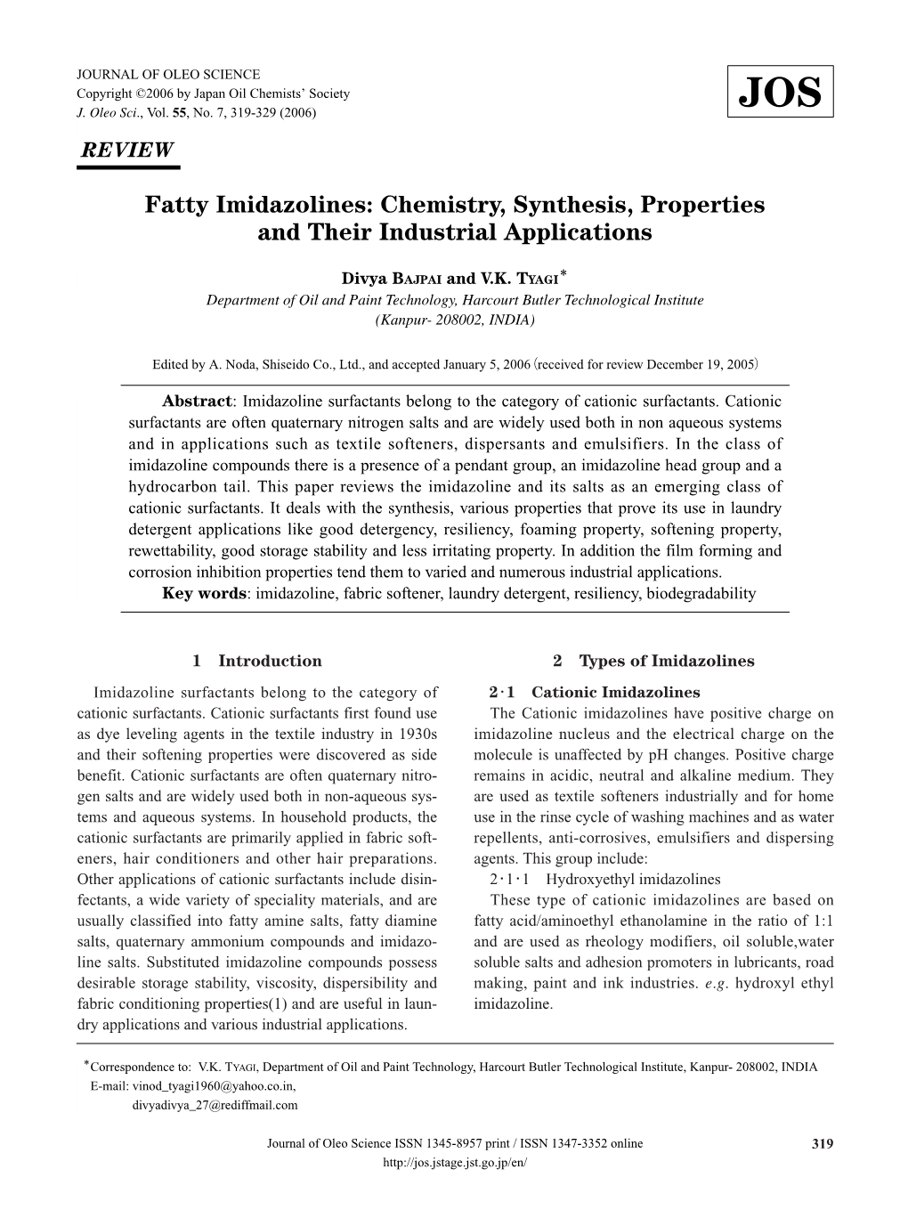 Fatty Imidazolines: Chemistry, Synthesis, Properties and Their Industrial Applications
