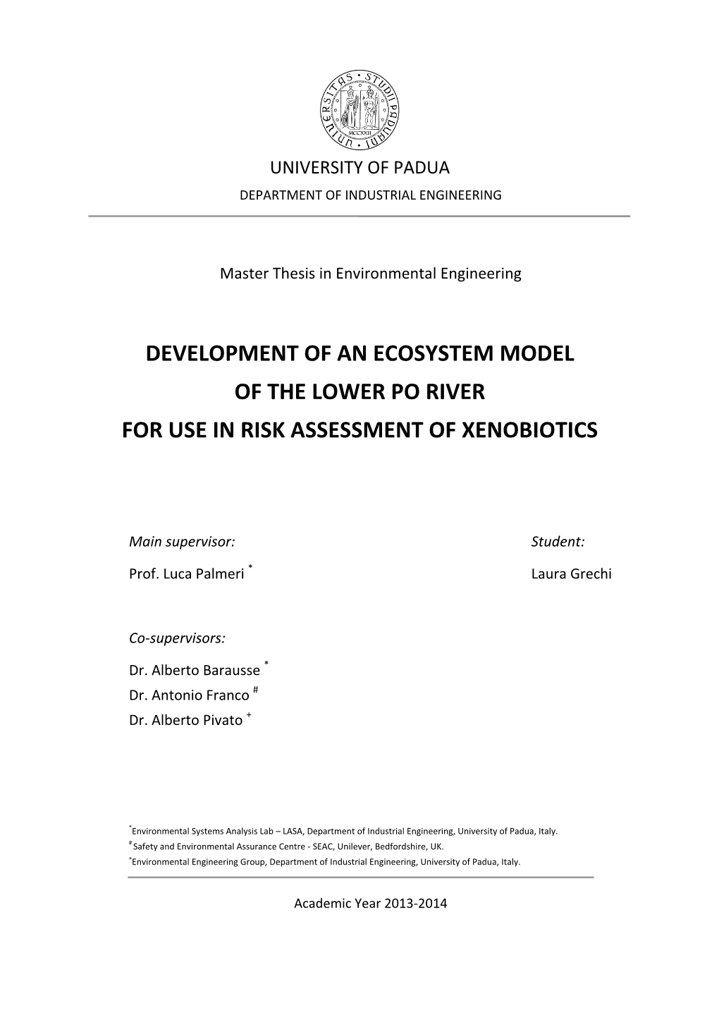 Development of an Ecosystem Model of Lower River Po for Use in Risk