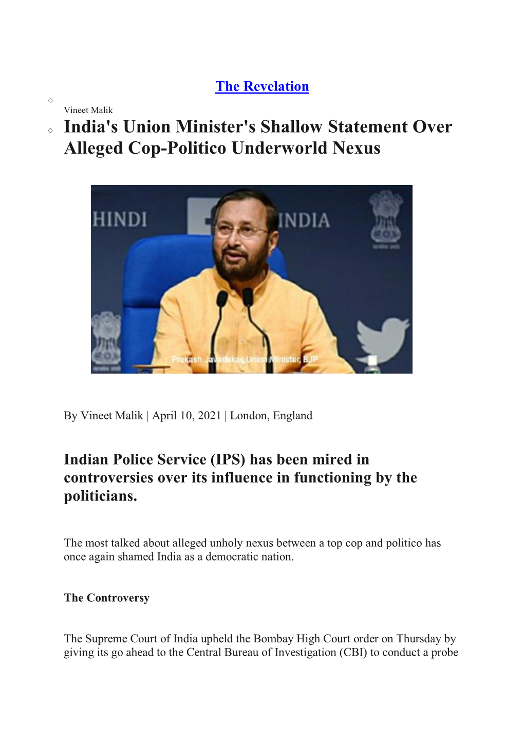 O India's Union Minister's Shallow Statement Over Alleged Cop-Politico Underworld Nexus