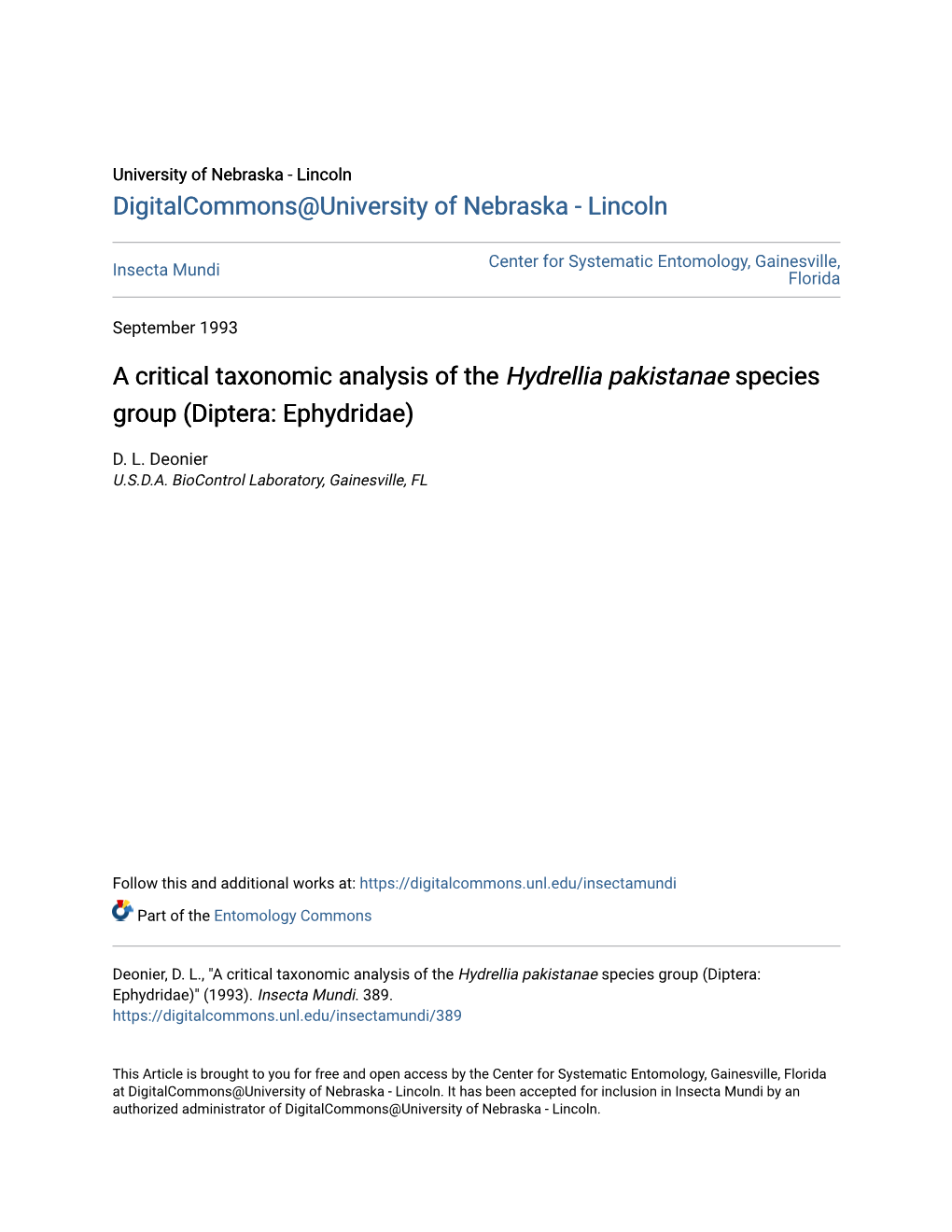 A Critical Taxonomic Analysis of the Hydrellia Pakistanae Species Group (Diptera: Ephydridae)