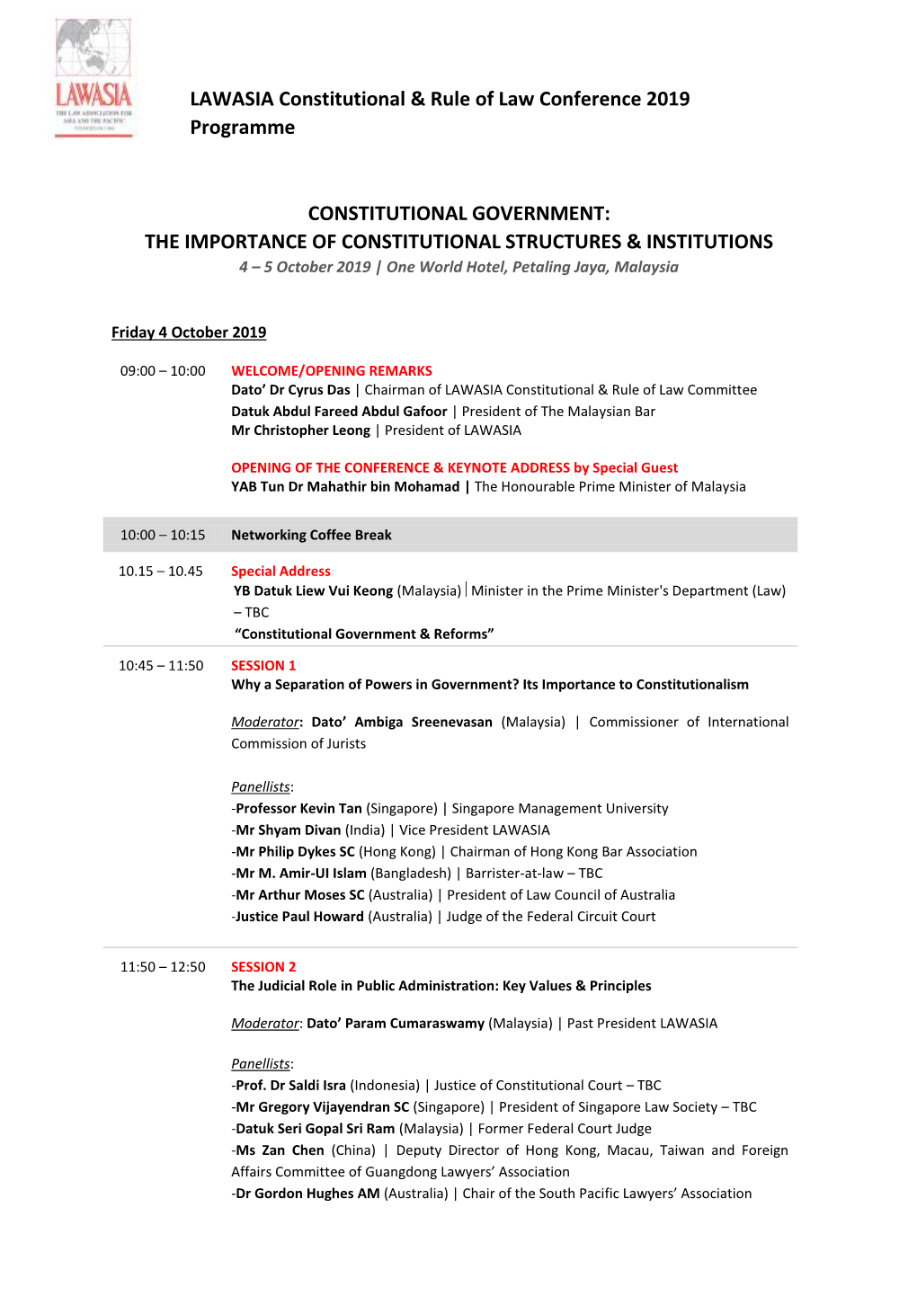 LAWASIA Constitutional & Rule of Law Conference 2019 Programme