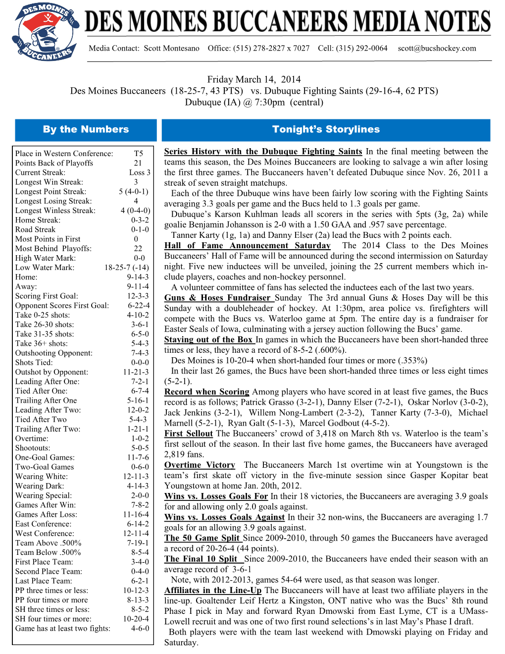 By the Numbers Tonight's Storylines Friday March 14, 2014 Des