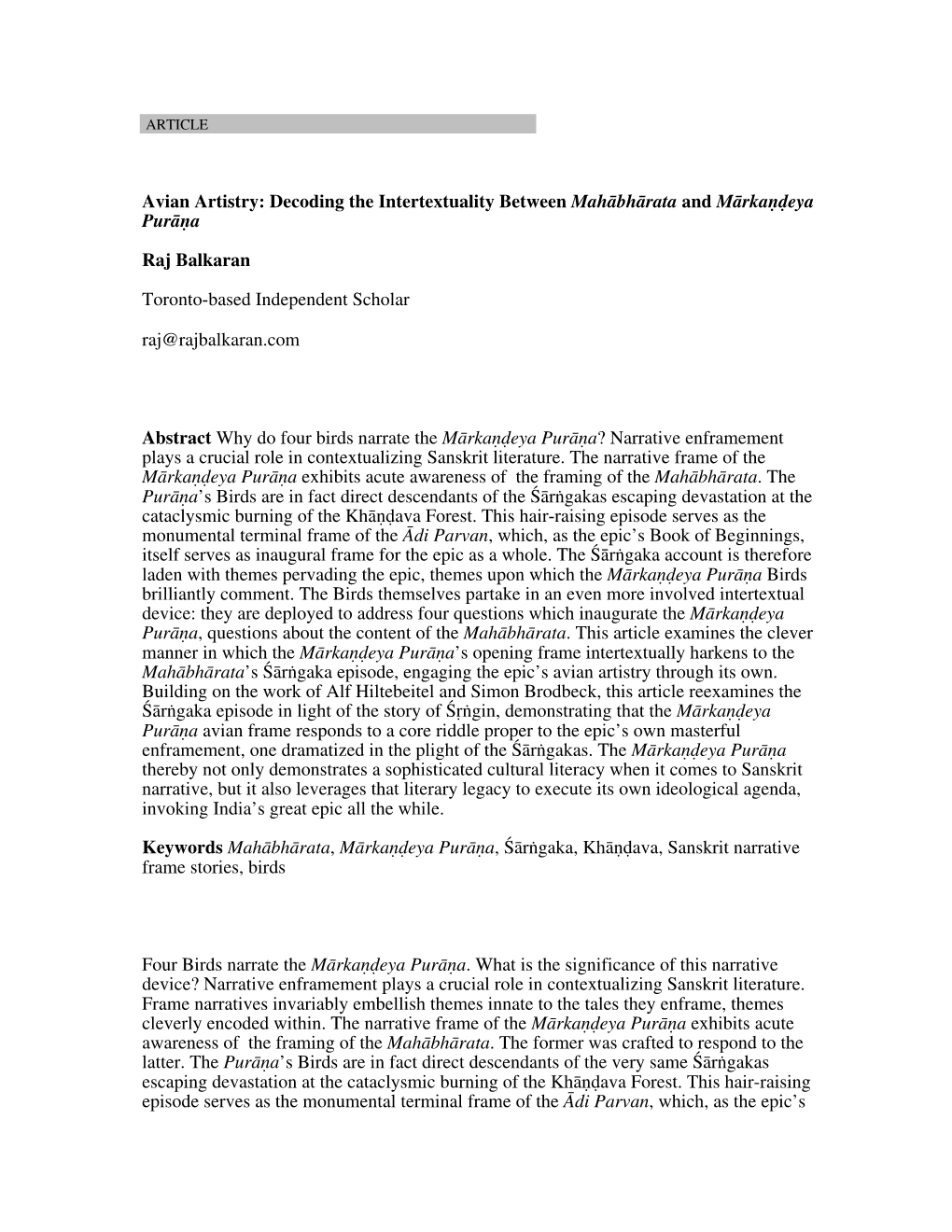 Decoding the Intertextuality Between Mahåbhårata and Mårka~∂Eya Purå~A