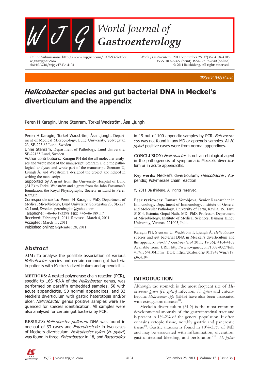 Helicobacter Species and Gut Bacterial DNA in Meckel's Diverticulum And