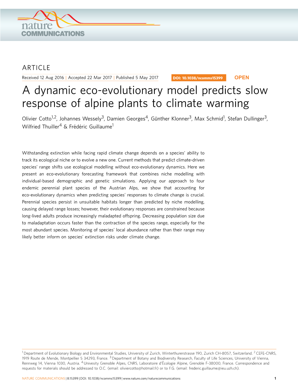 A Dynamic Eco-Evolutionary Model Predicts Slow Response of Alpine Plants to Climate Warming