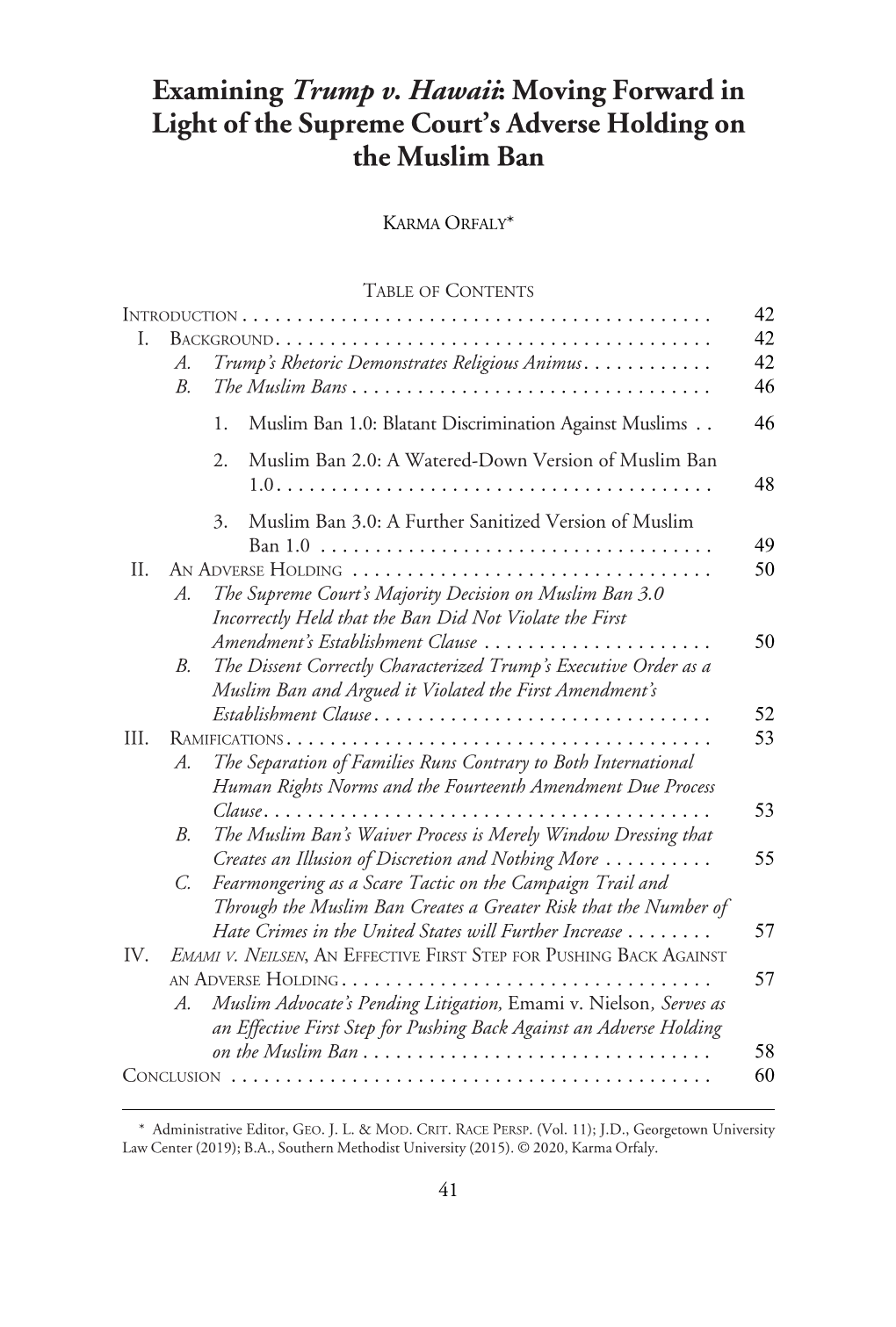 Examining Trump V. Hawaii: Moving Forward in Light of the Supreme Court’S Adverse Holding on the Muslim Ban