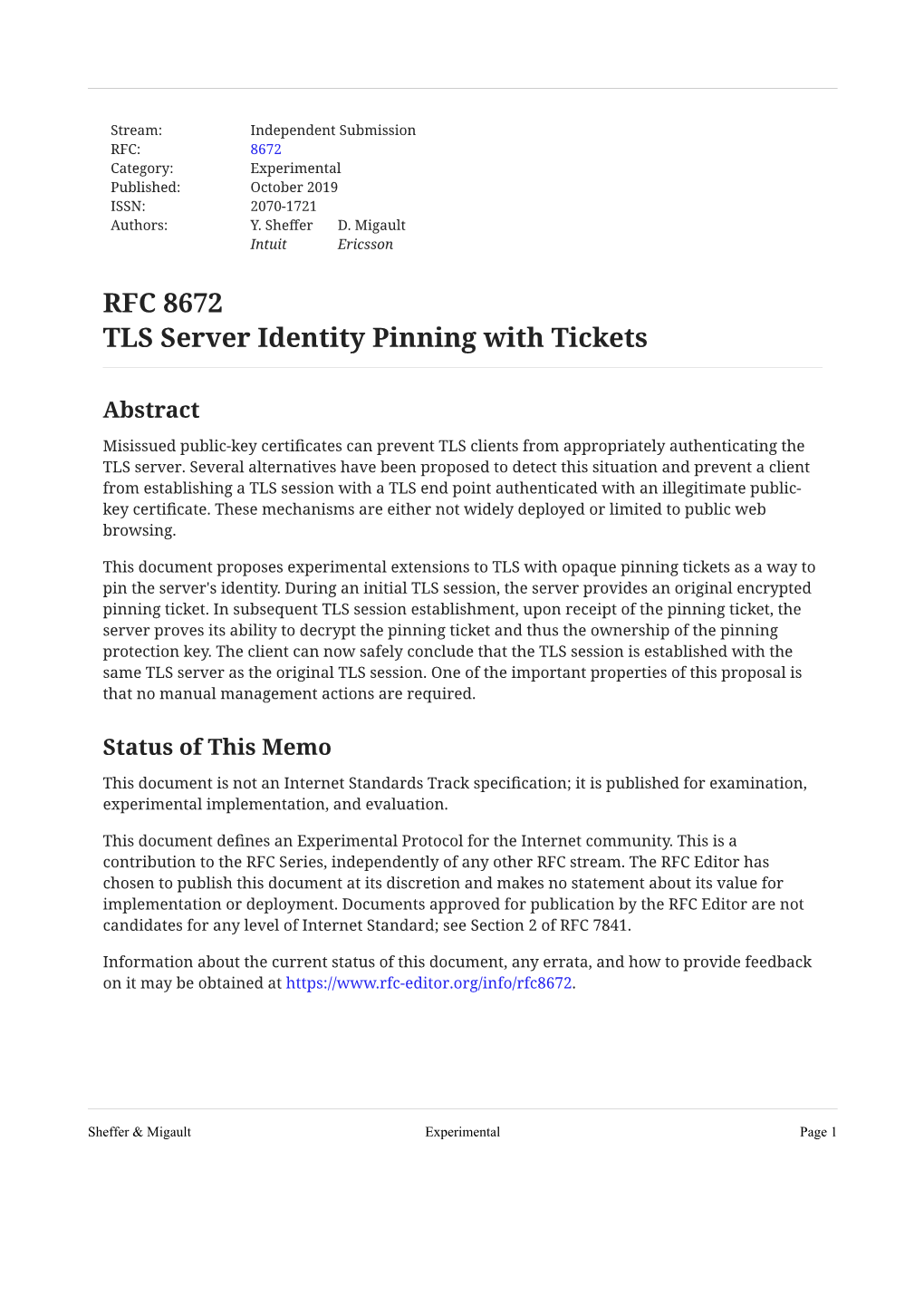 RFC 8672: TLS Server Identity Pinning with Tickets