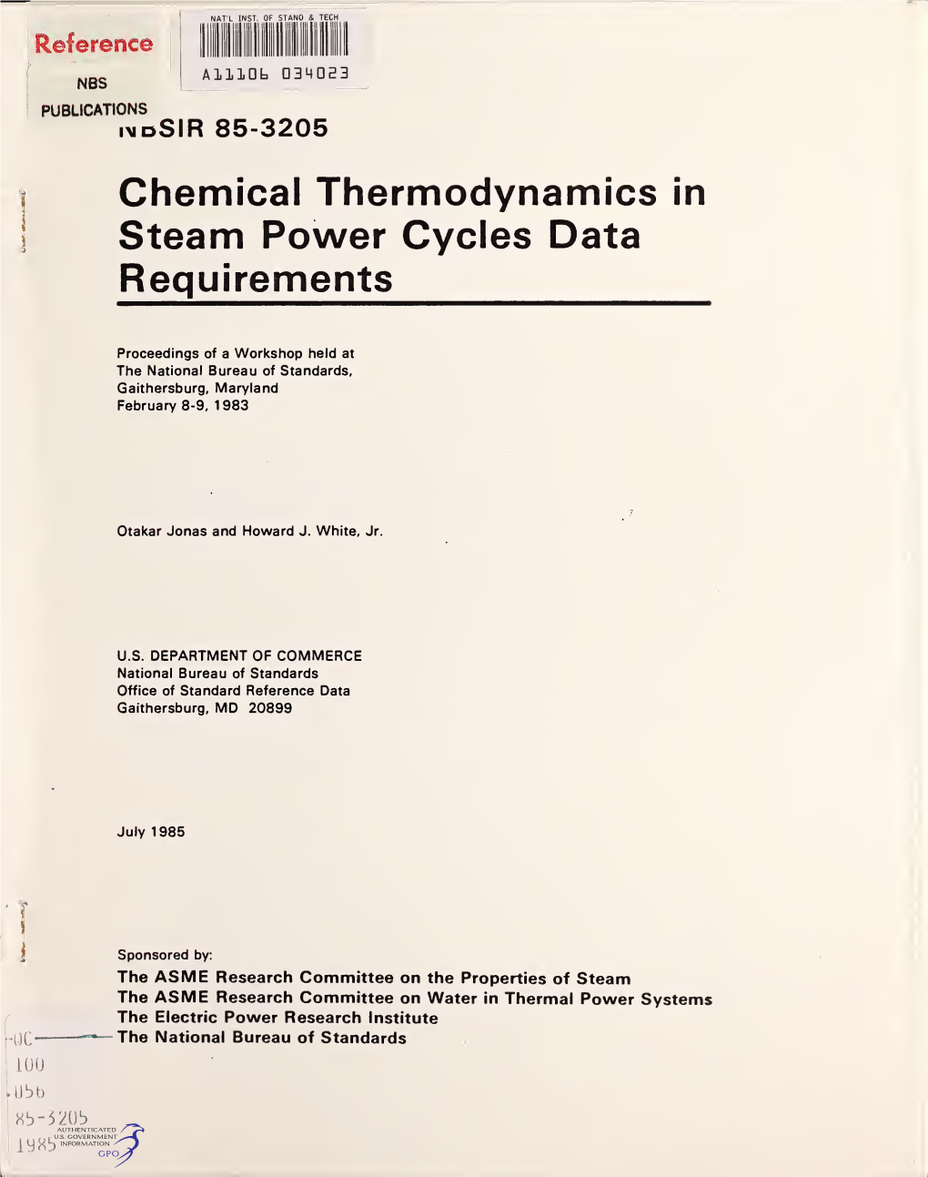 Chemical Thermodynamics in Steam Power Cycles Data Requirements