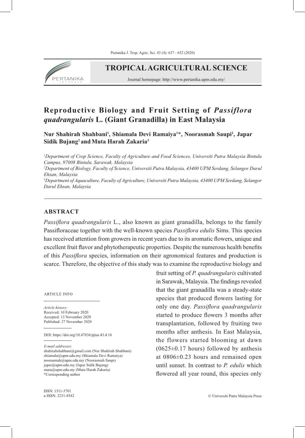 TROPICAL AGRICULTURAL SCIENCE Reproductive Biology