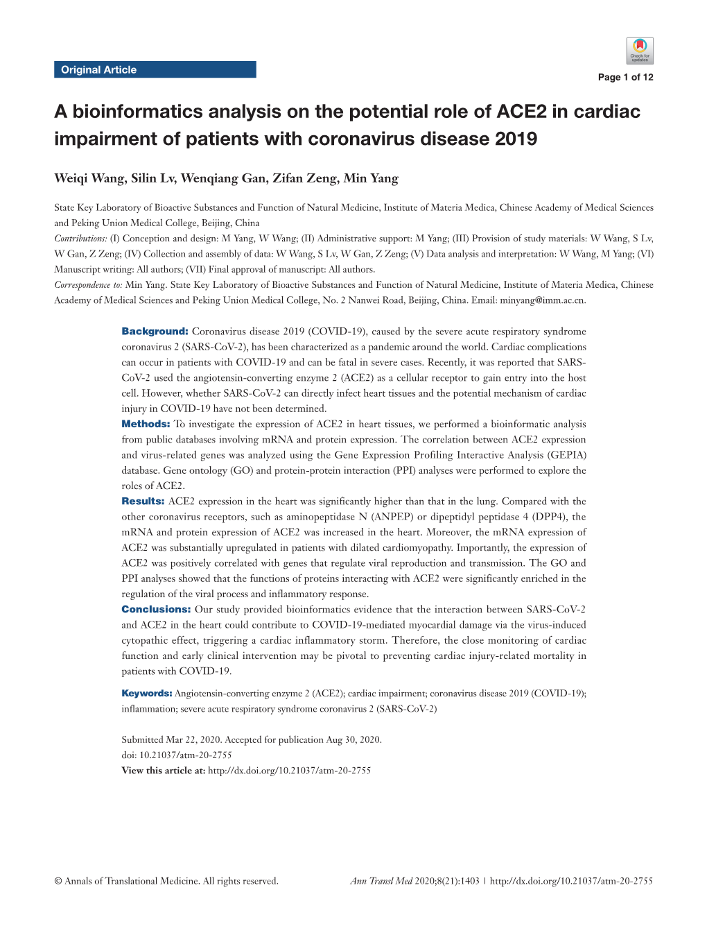 A Bioinformatics Analysis on the Potential Role of ACE2 in Cardiac Impairment of Patients with Coronavirus Disease 2019