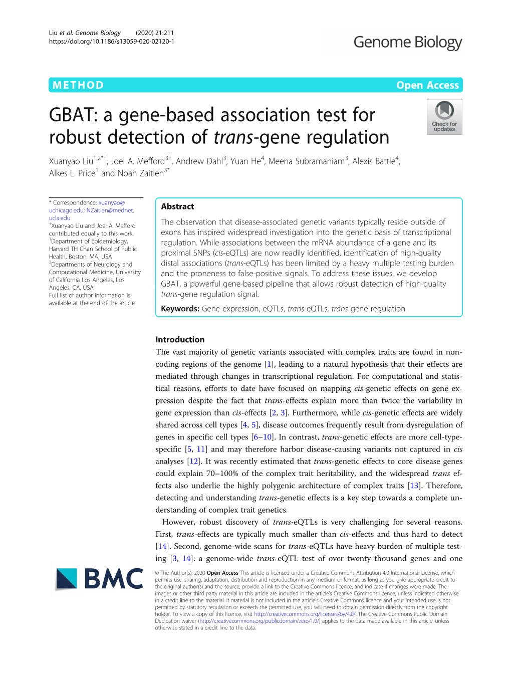 GBAT: a Gene-Based Association Test for Robust Detection of Trans-Gene Regulation Xuanyao Liu1,2*†, Joel A