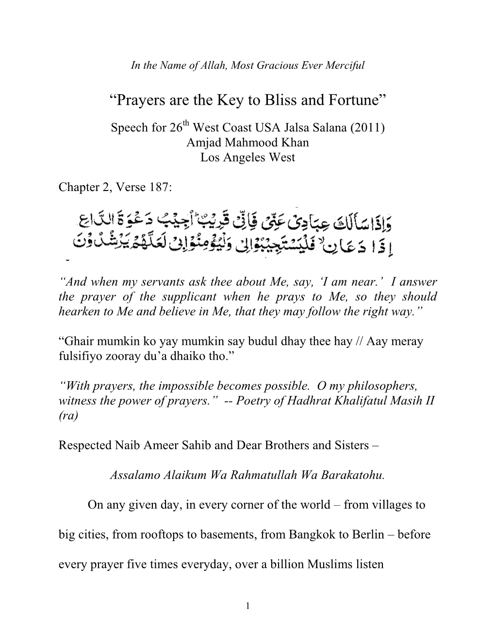 “Prayers Are the Key to Success and Fortune”