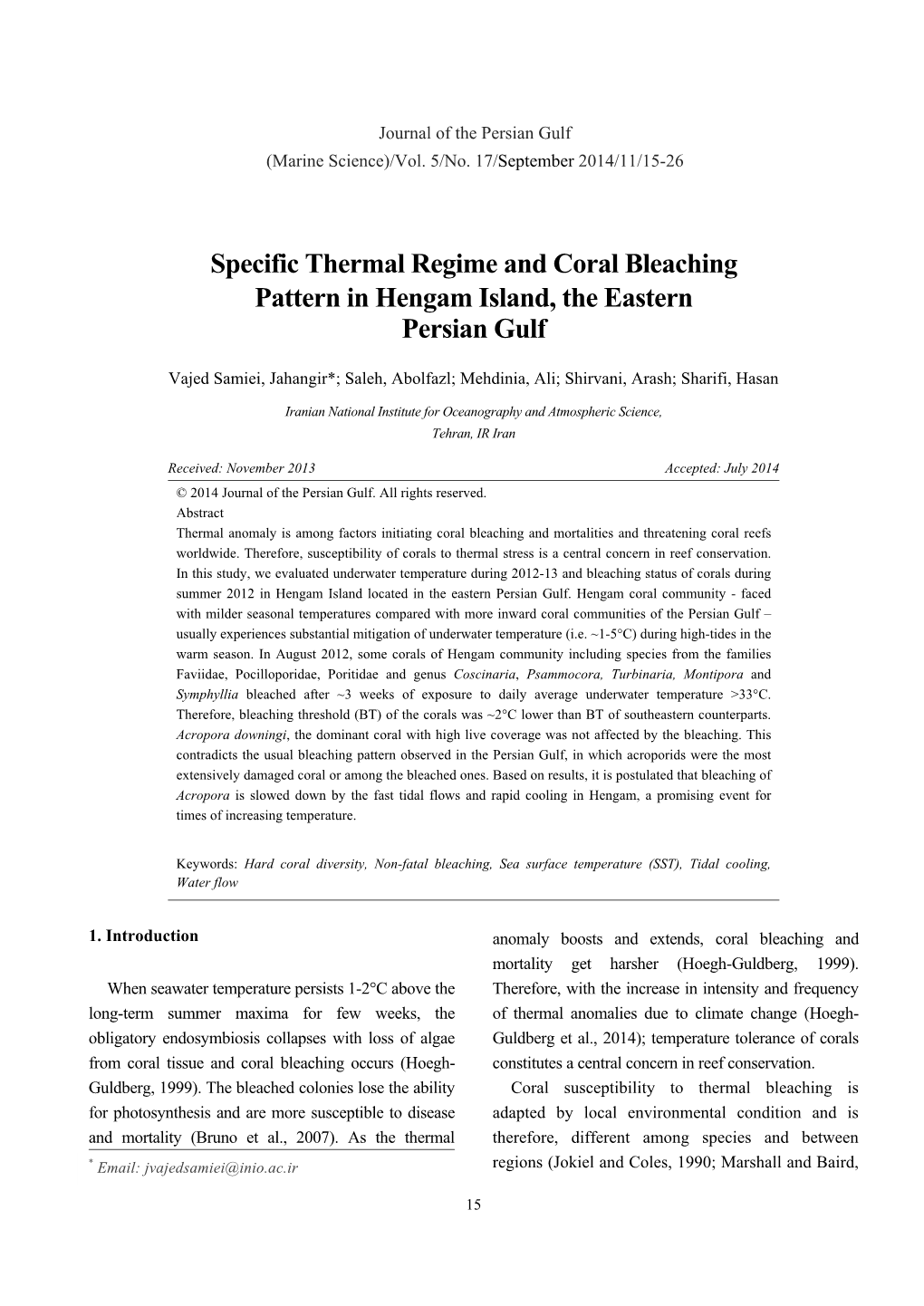 Specific Thermal Regime and Coral Bleaching Pattern in Hengam Island, the Eastern Persian Gulf