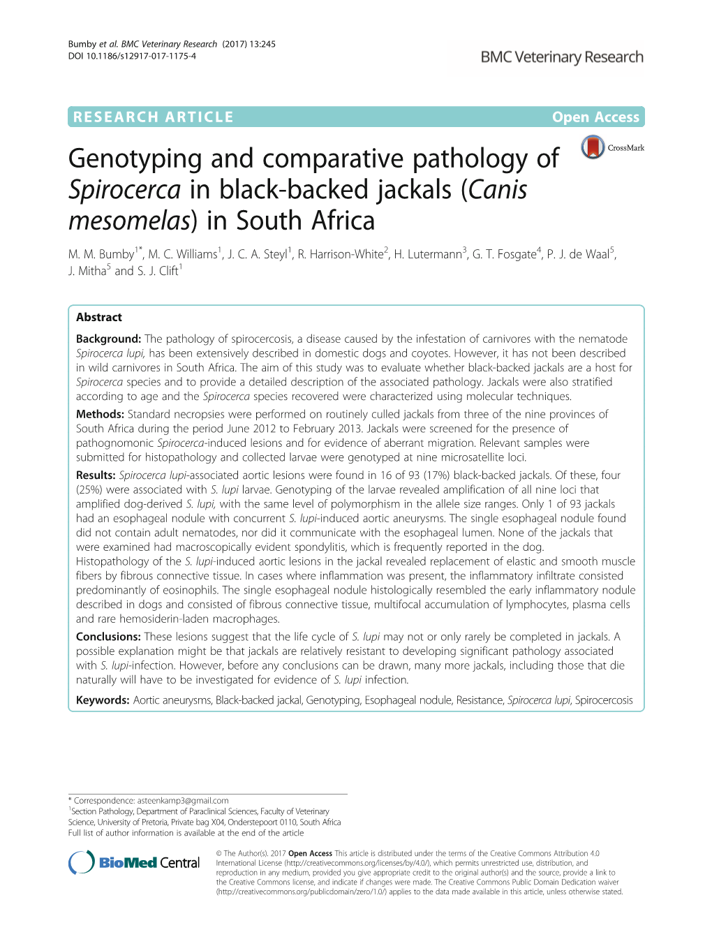 Genotyping and Comparative Pathology of Spirocerca in Black-Backed Jackals (Canis Mesomelas) in South Africa M