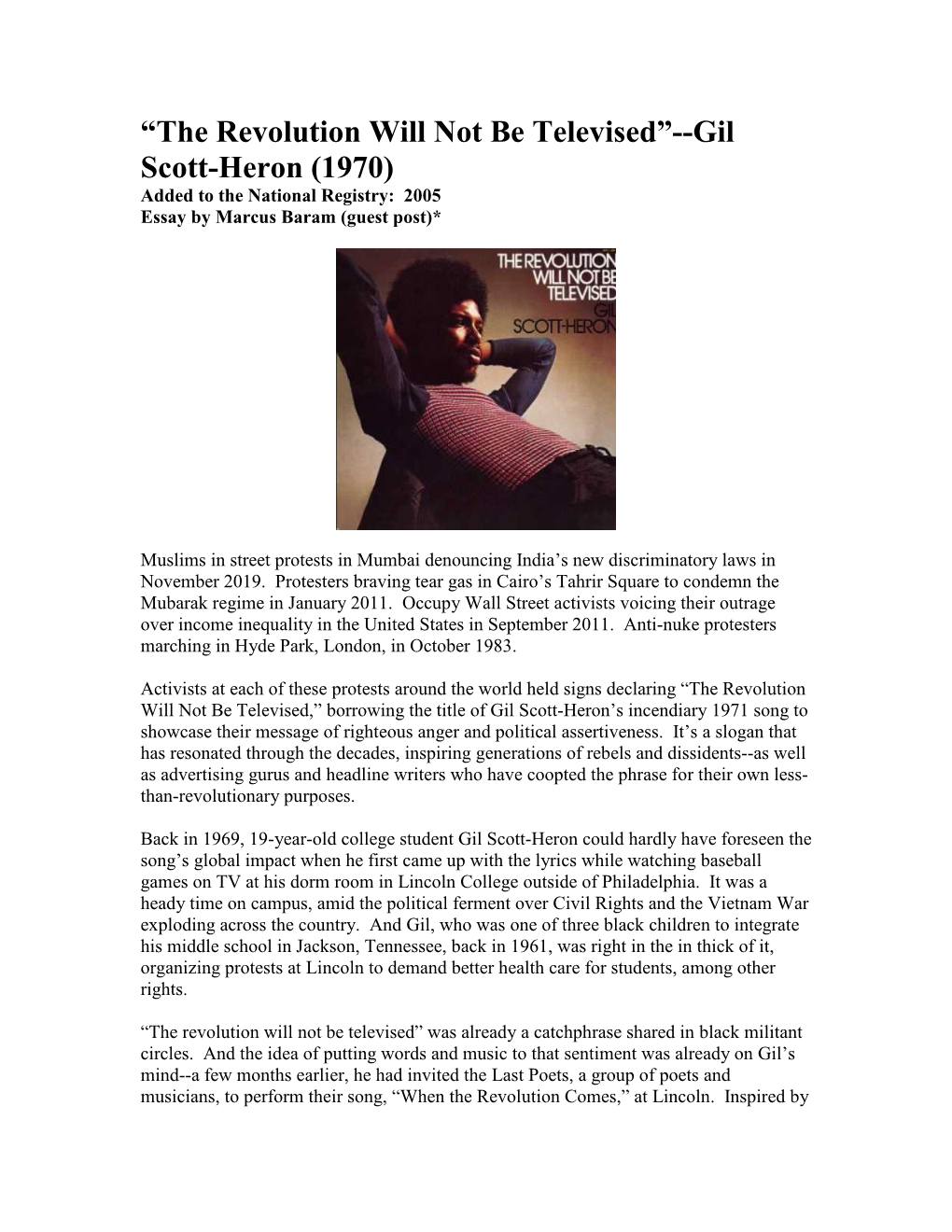 The Revolution Will Not Be Televised”--Gil Scott-Heron (1970) Added to the National Registry: 2005 Essay by Marcus Baram (Guest Post)*