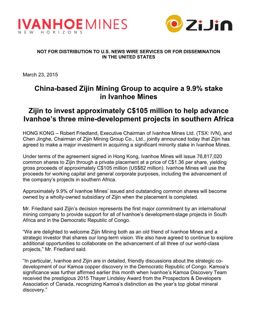 China-Based Zijin Mining Group to Acquire a 9.9% Stake in Ivanhoe Mines