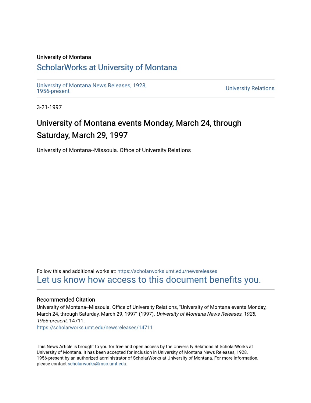 University of Montana Events Monday, March 24, Through Saturday, March 29, 1997