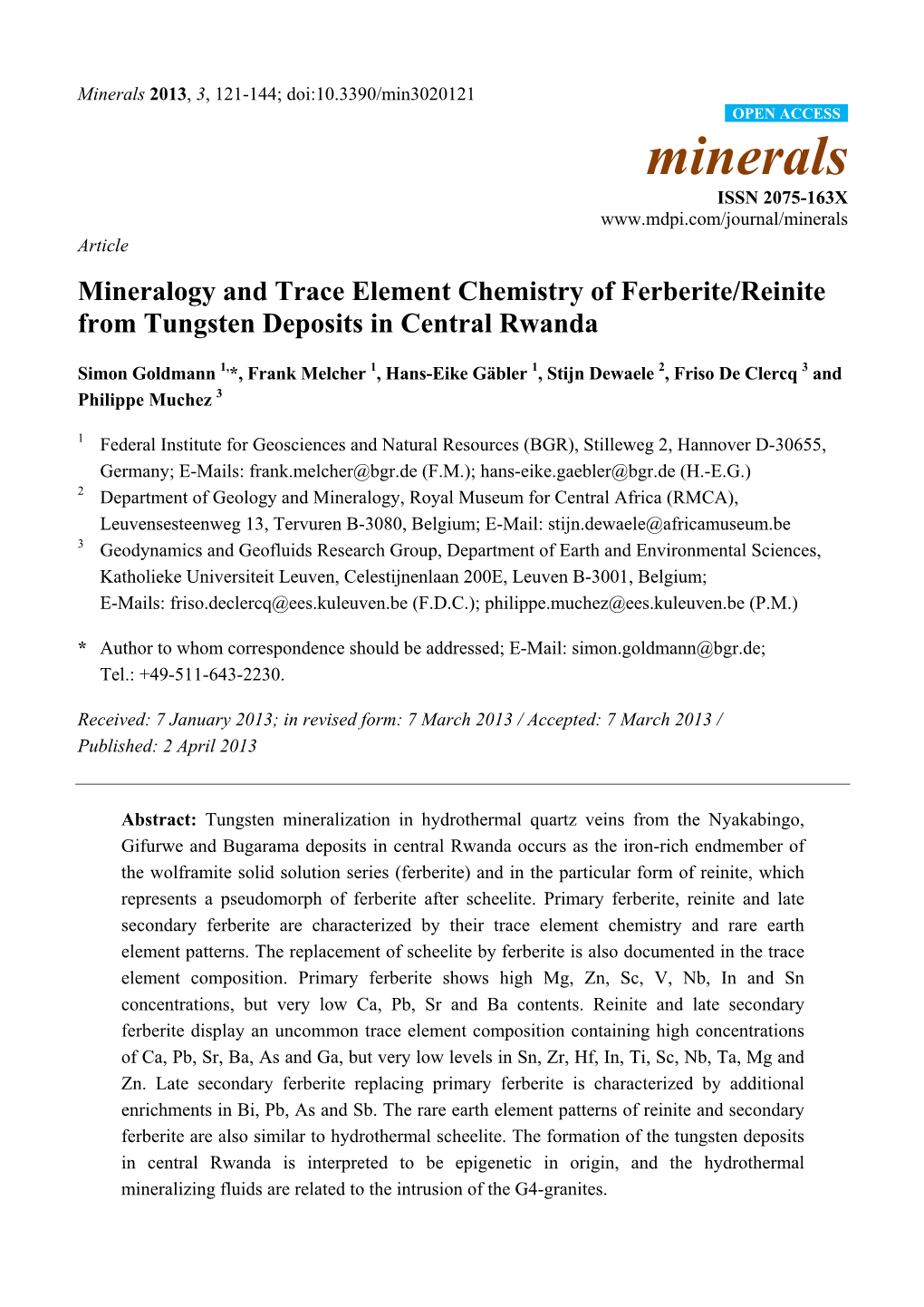 Mineralogy and Trace Element Chemistry of Ferberite/Reinite from Tungsten Deposits in Central Rwanda