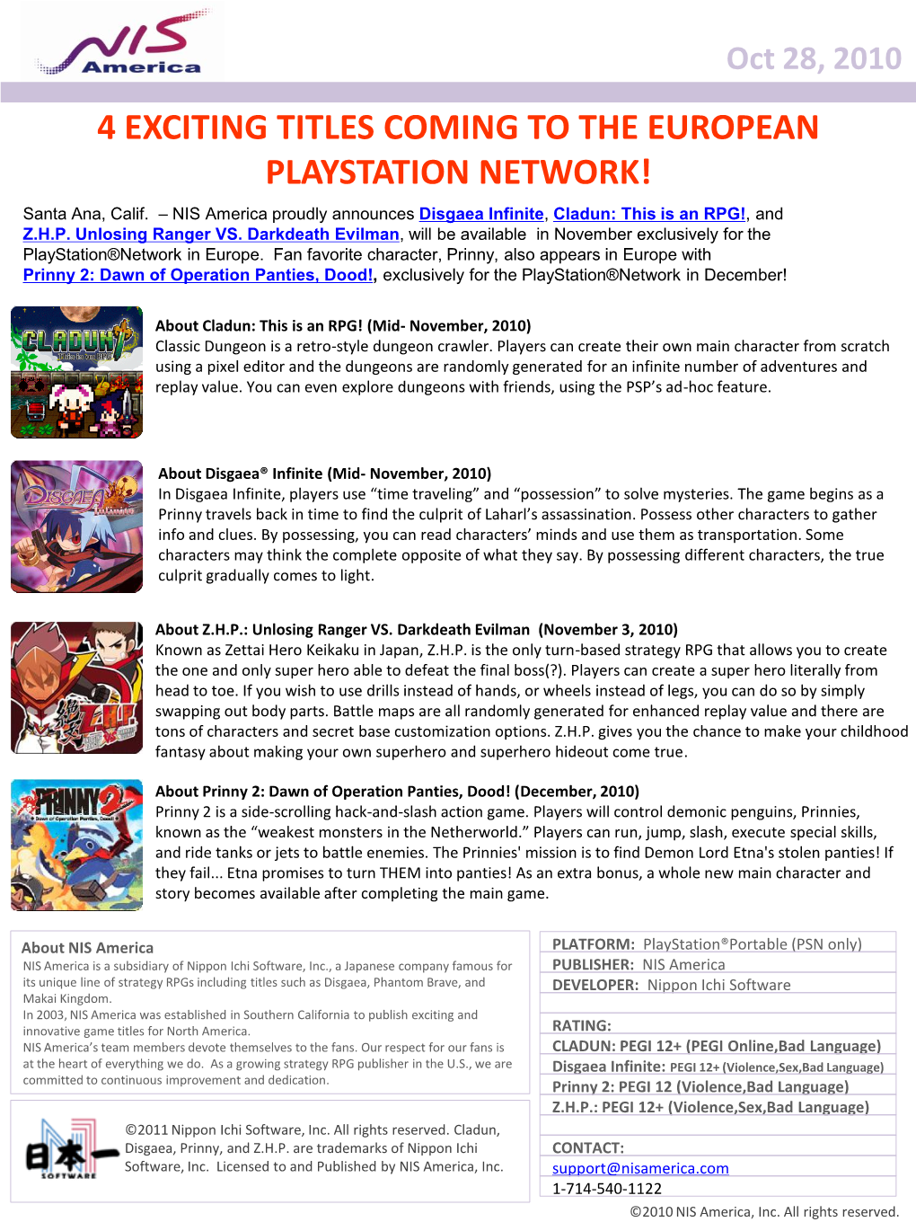 4 EXCITING TITLES COMING to the EUROPEAN PLAYSTATION NETWORK! Santa Ana, Calif