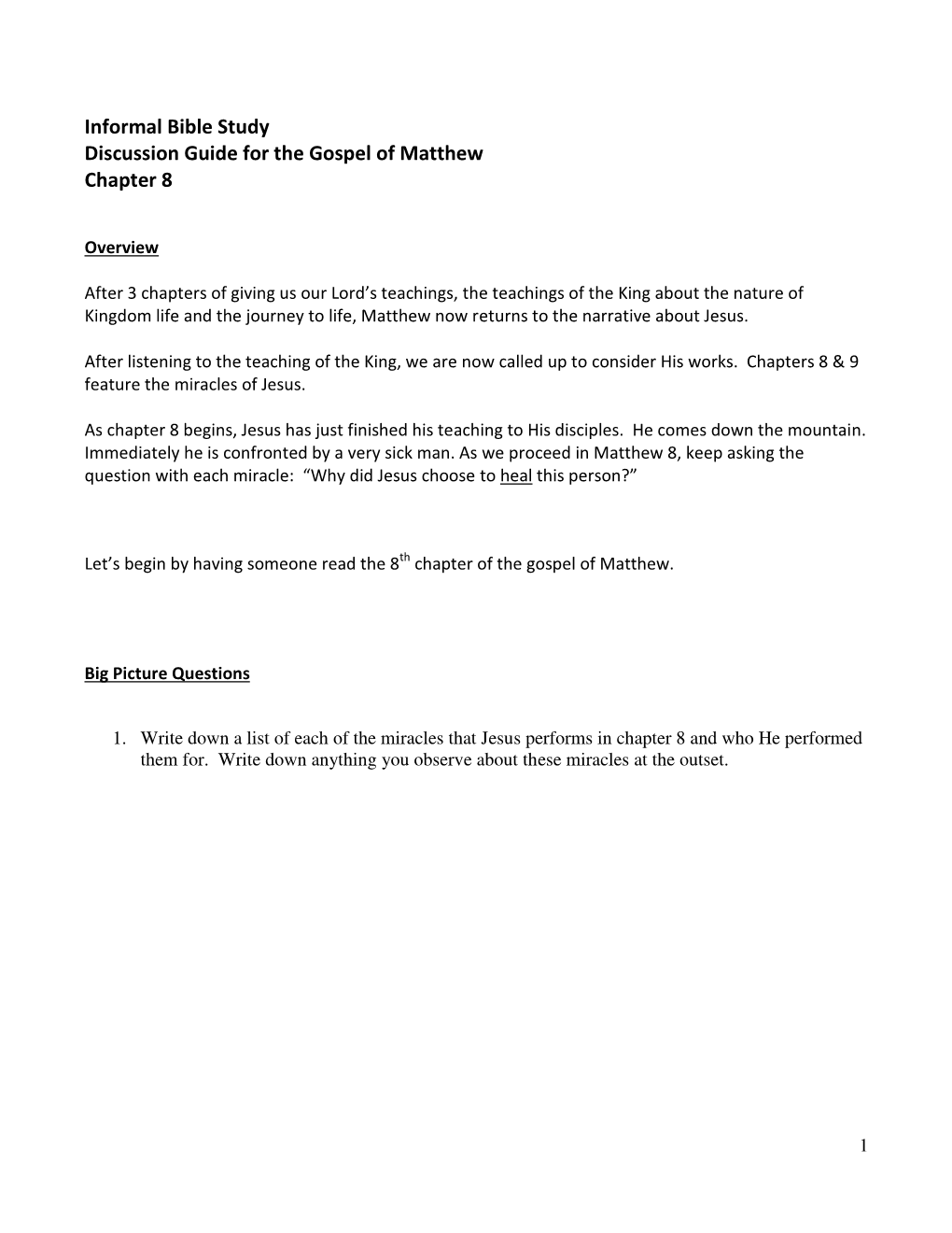Informal Bible Study Discussion Guide for the Gospel of Matthew Chapter 8