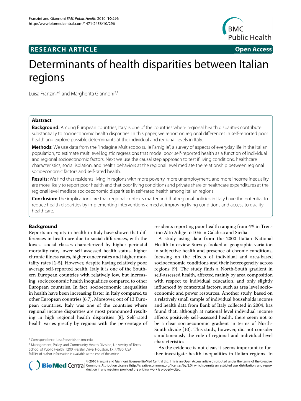 Determinants of Health Disparities Between Italian Regions