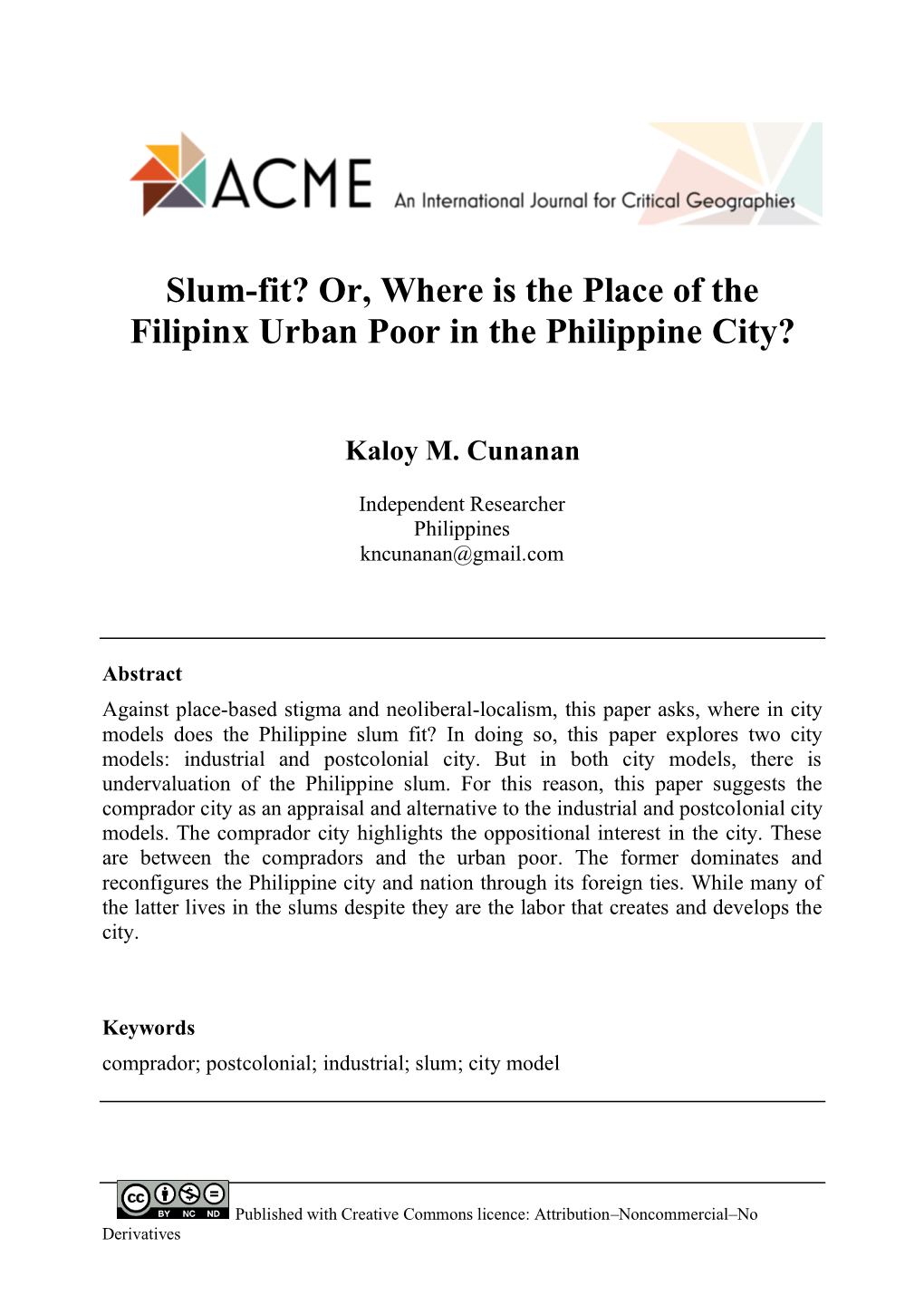 Slum-Fit? Or, Where Is the Place of the Filipinx Urban Poor in the Philippine City?