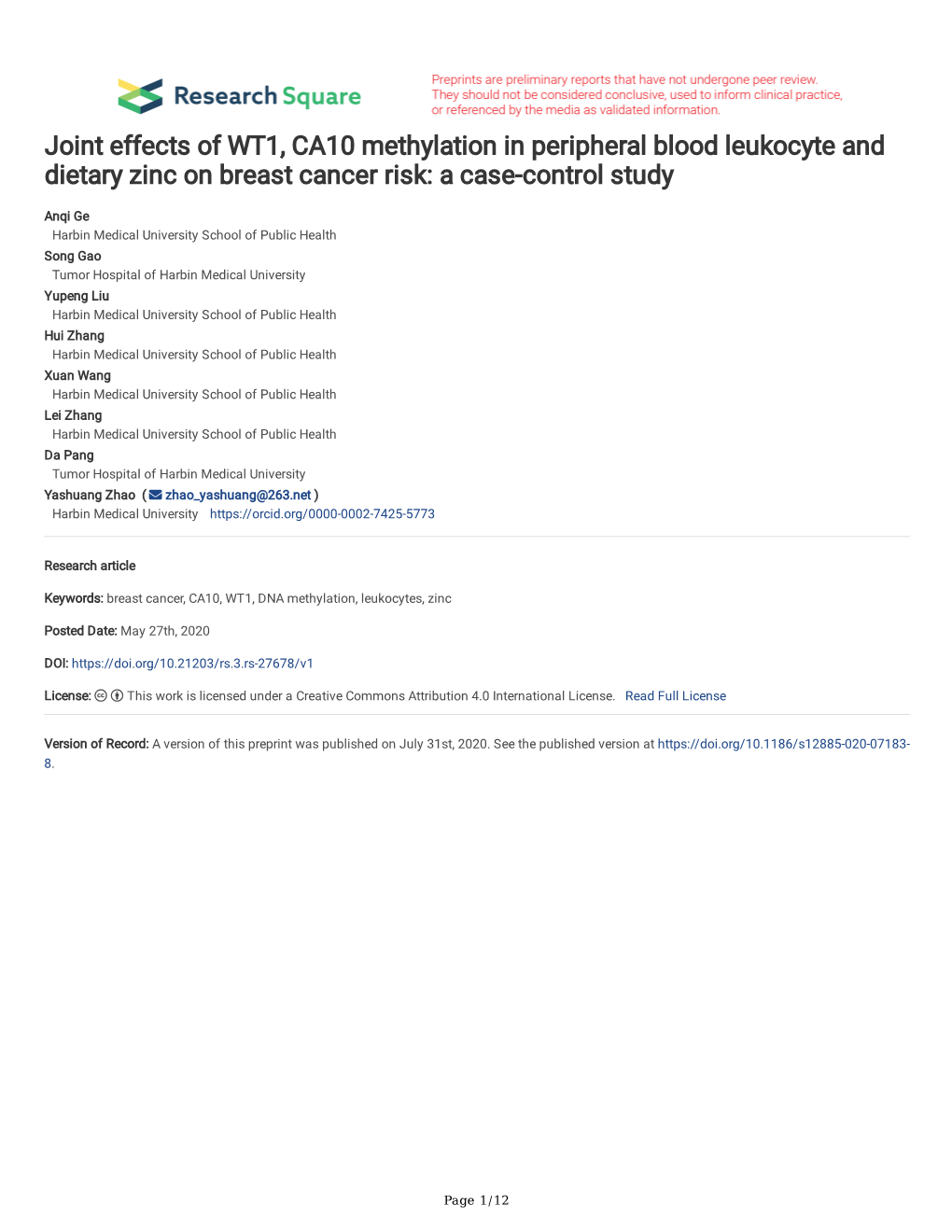 Joint Effects of WT1, CA10 Methylation in Peripheral Blood Leukocyte and Dietary Zinc on Breast Cancer Risk: a Case-Control Study
