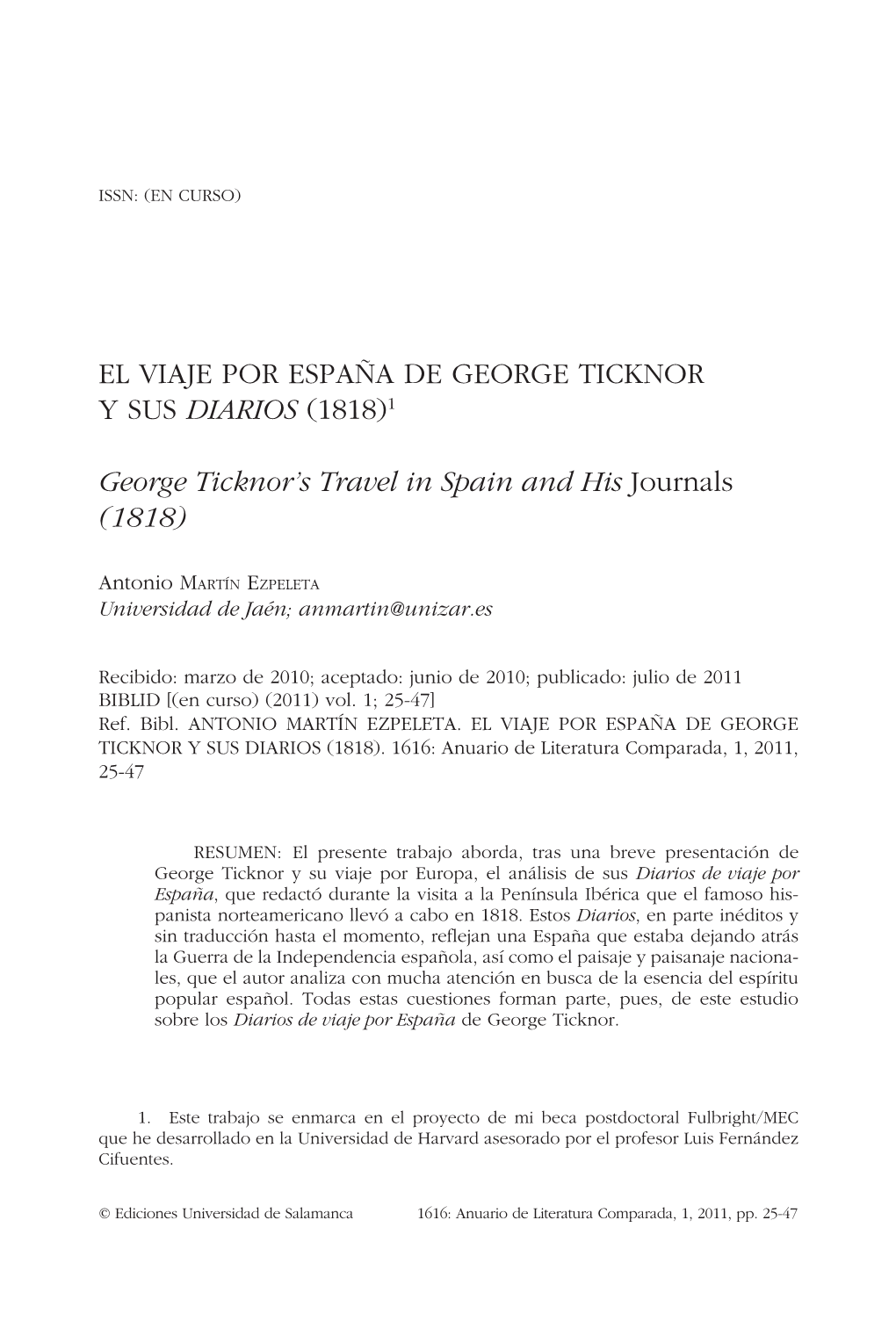 El Viaje Por España De George Ticknor Y Sus Diarios (1818)1