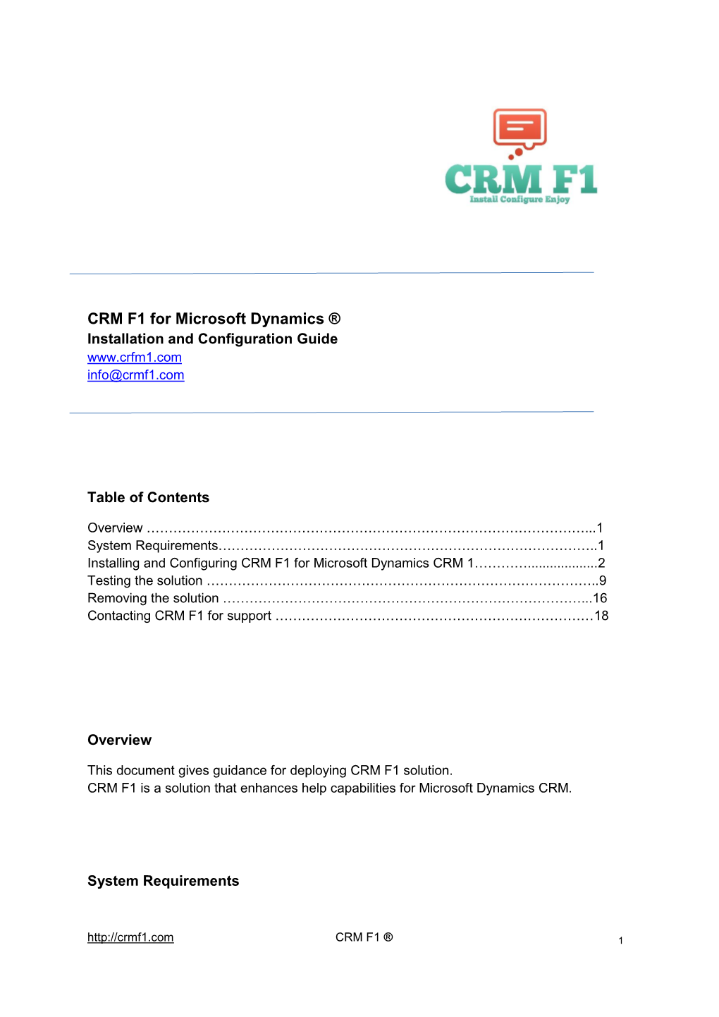 CRM F1 for Microsoft Dynamics ® Installation and Configuration Guide Info@Crmf1.Com