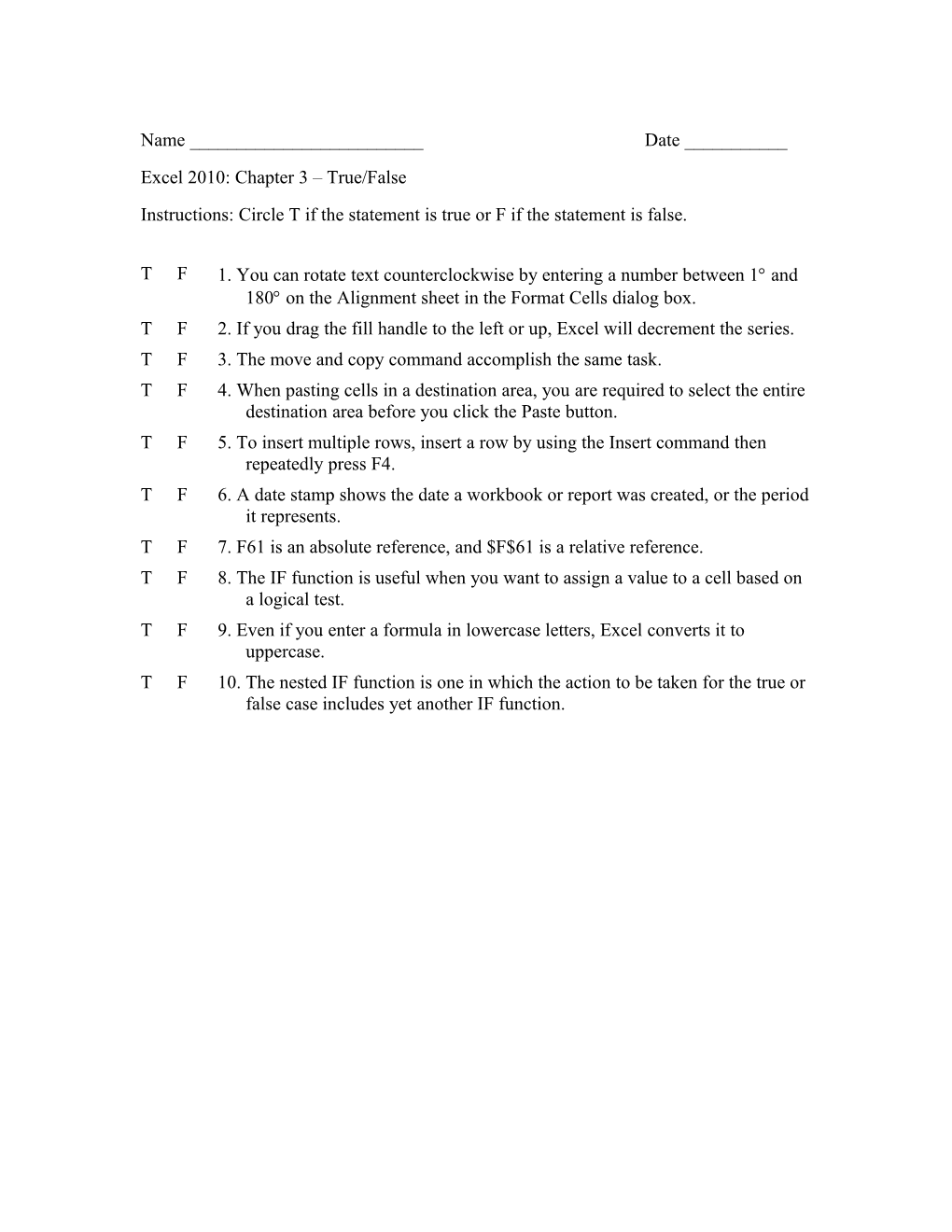 Excel Proj 3 - True False