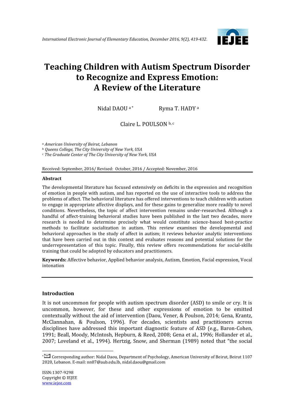 Teaching Children with Autism Spectrum Disorder to Recognize and Express Emotion: a Review of the Literature