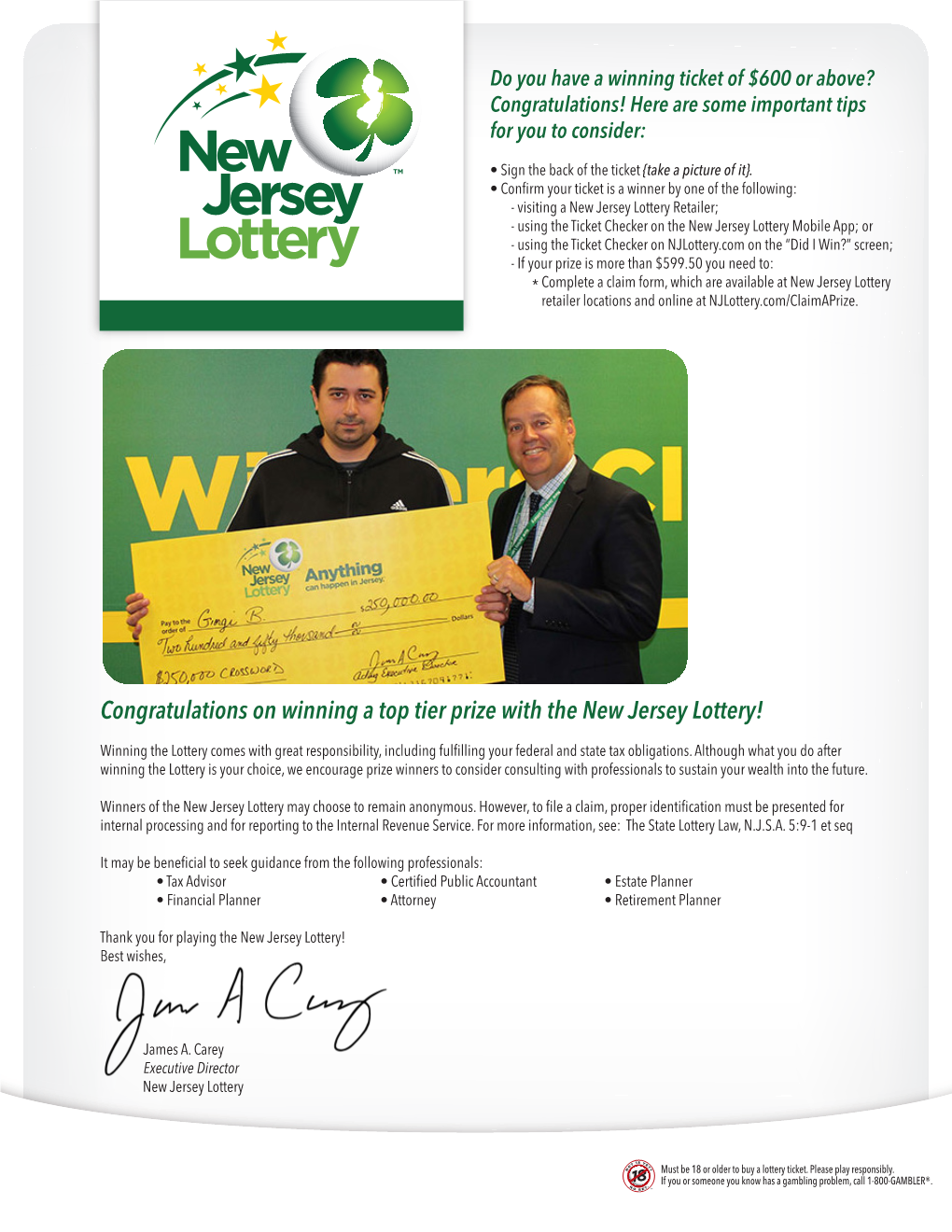 Congratulations on Winning a Top Tier Prize with the New Jersey Lottery!