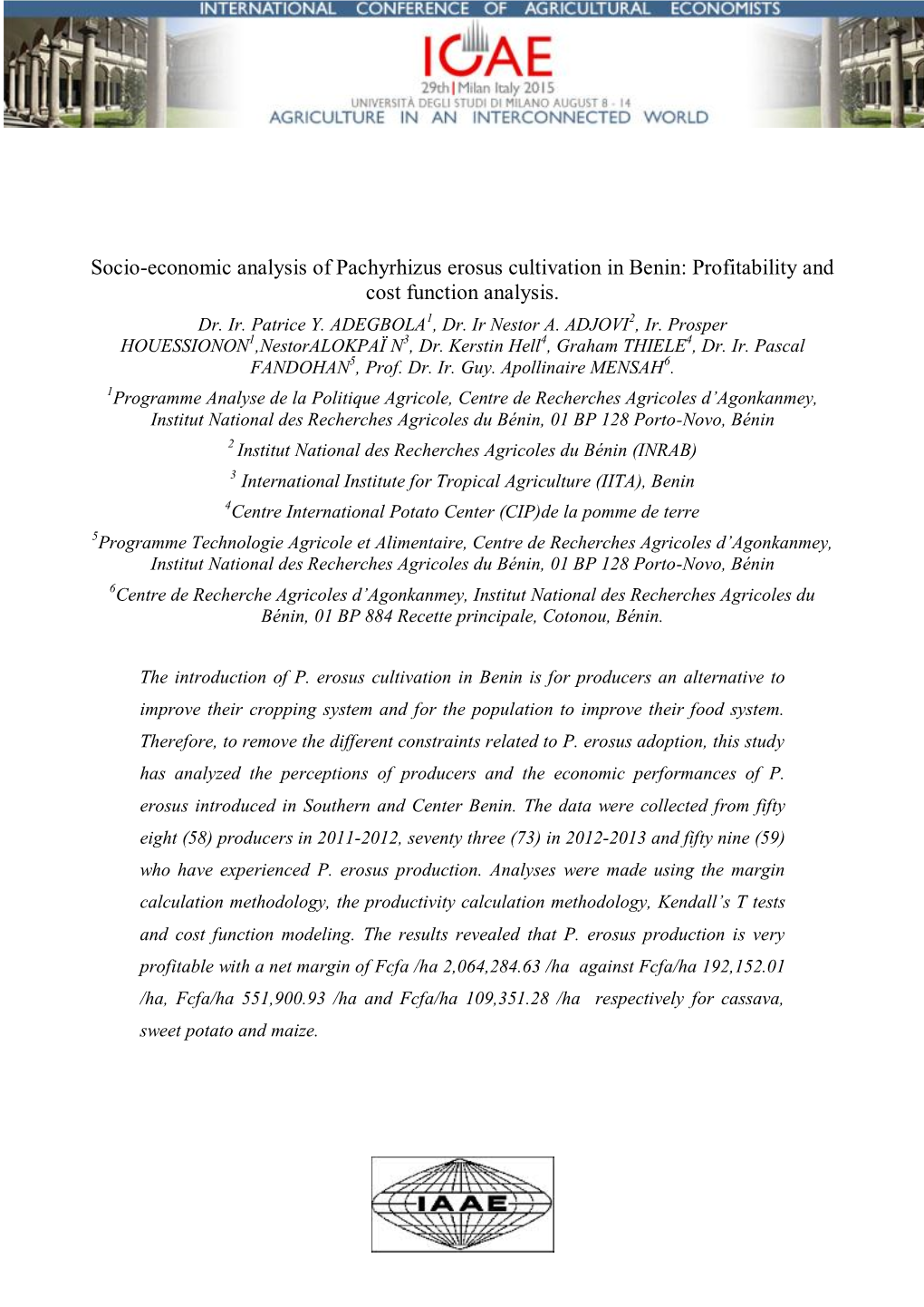 Socio-Economic Analysis of Pachyrhizus Erosus Cultivation in Benin: Profitability and Cost Function Analysis