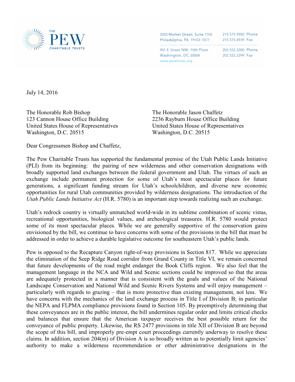 Letter to Reps. Bishop and Chaffetz Regarding the Utah Public Lands Initiative