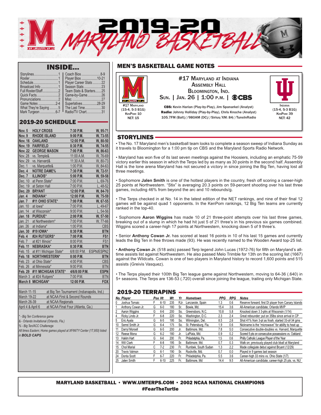 INSIDE... MEN’S BASKETBALL GAME NOTES Storylines